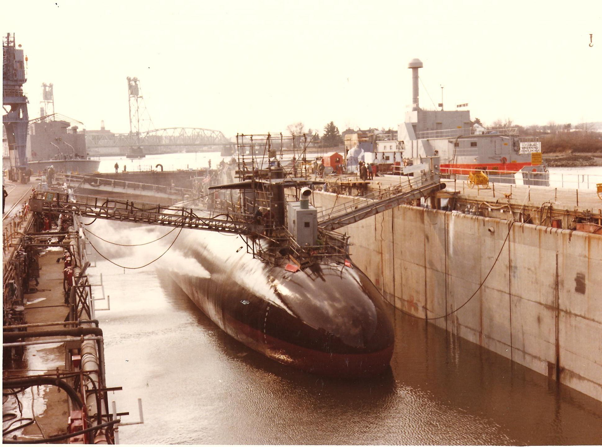 USS Tinosa (SSN606) in drydock at Portsmouth Naval Shipyard, New