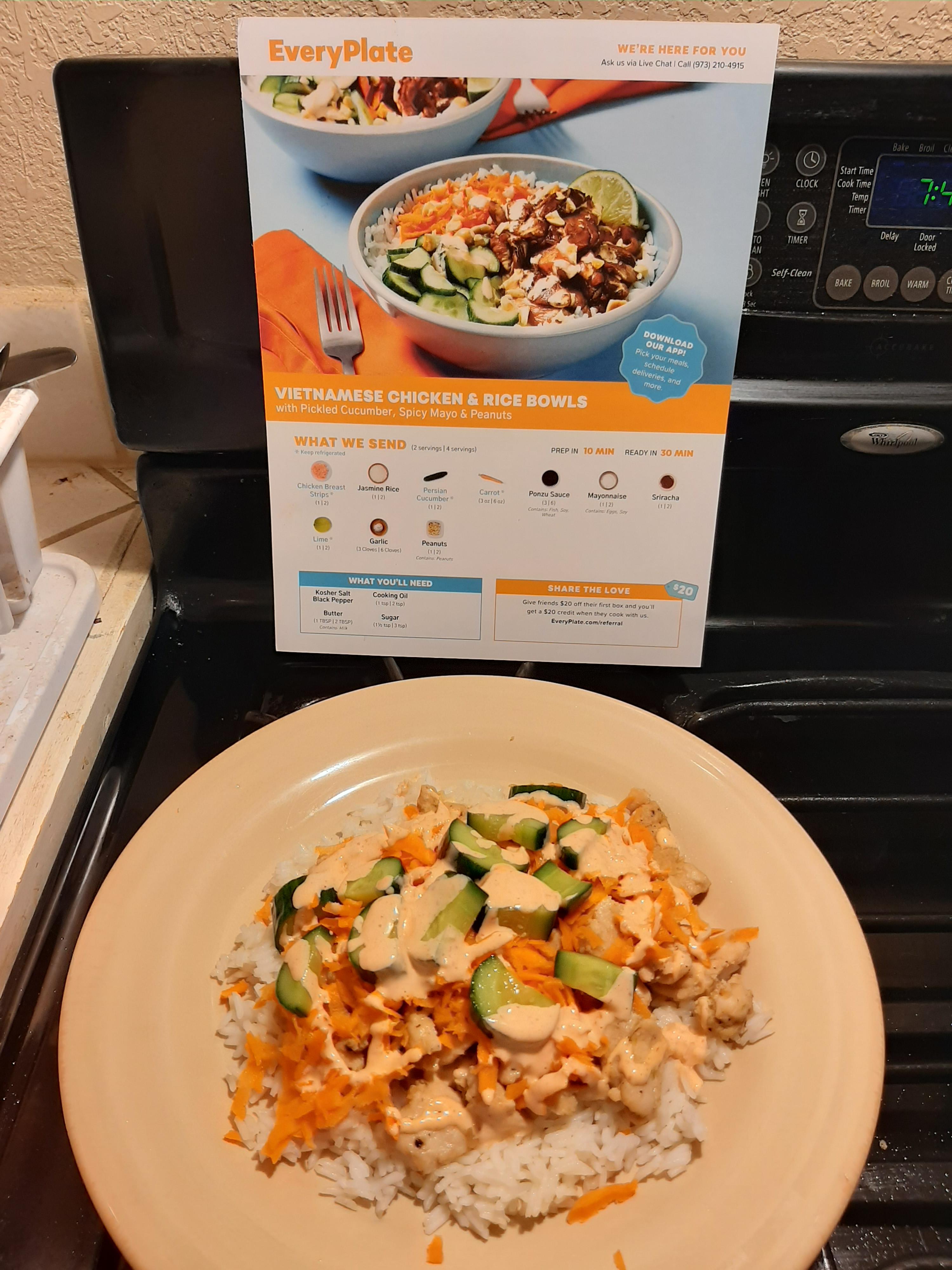 Vietnamese Chicken & Rice Bowls with Pickled Cucumber, Spicy Mayo