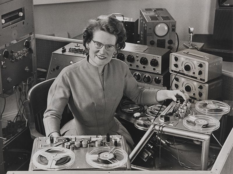 Electronic music pioneer Daphne Oram in her home studio in 1962 r