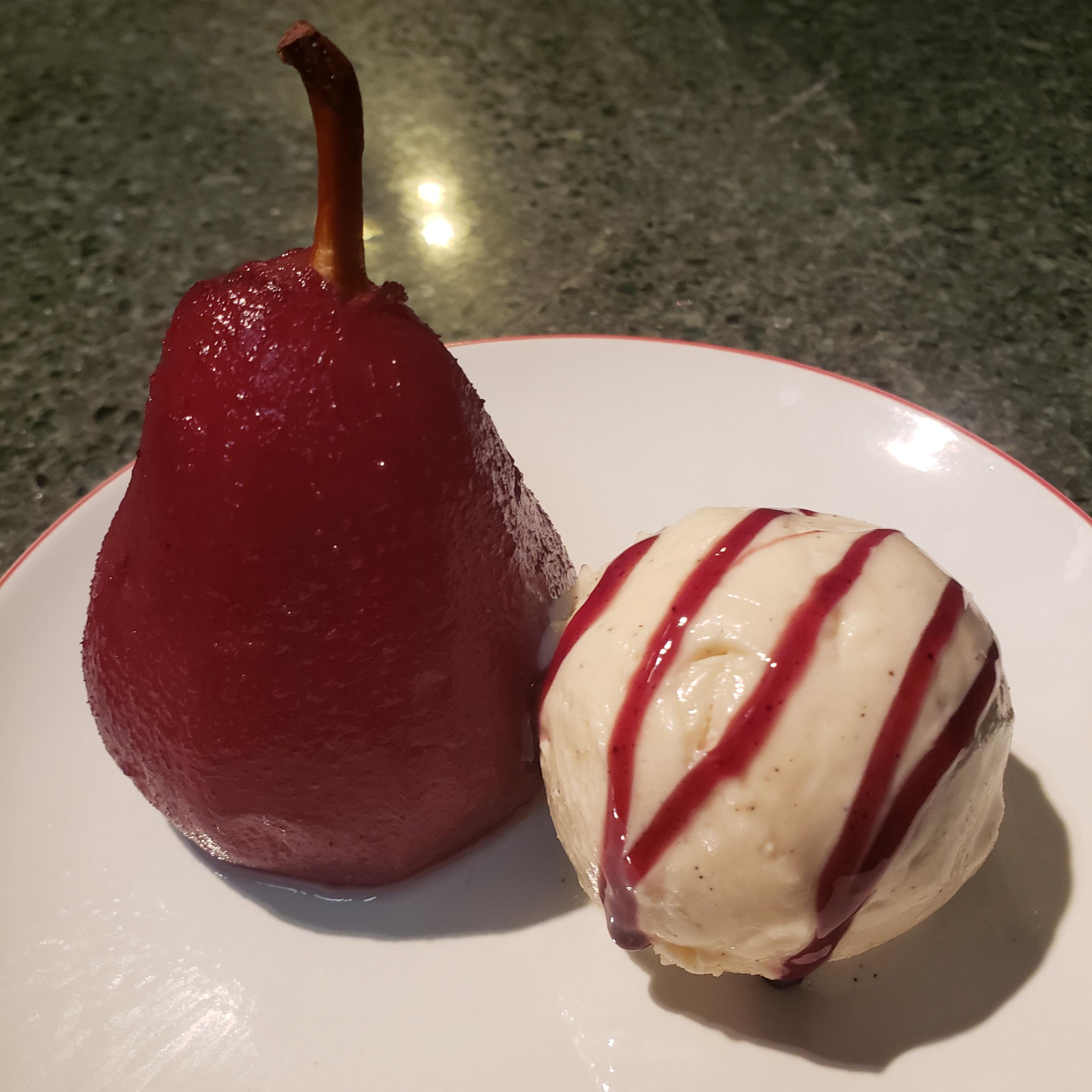 [Homemade] Port wine poached pears with vanilla icecream and mulled