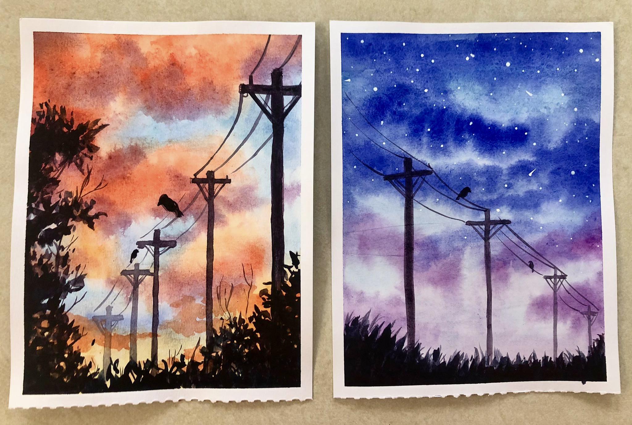 Power lines in watercolor r/painting