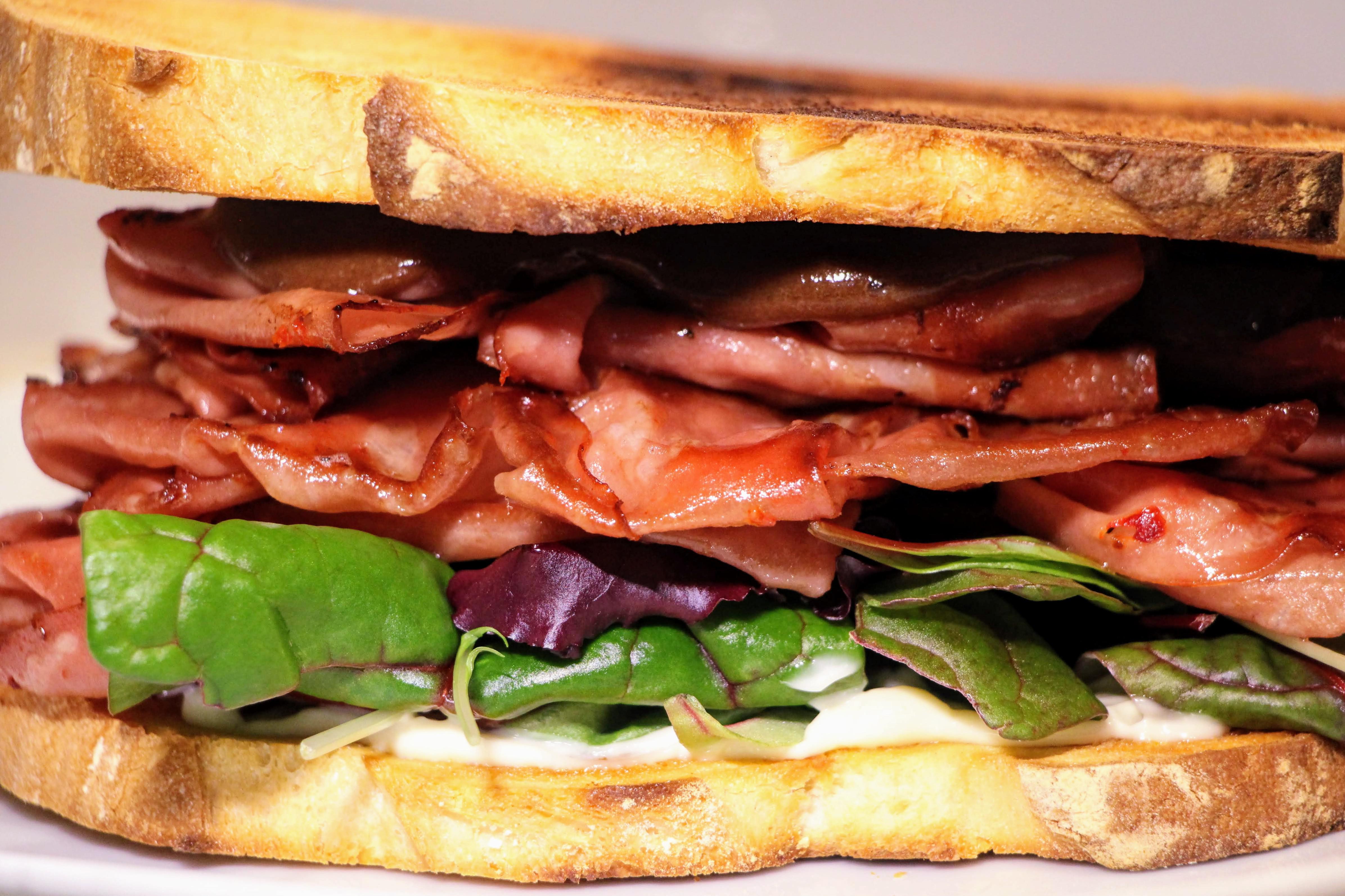 Crispy Fried Baloney Sandwich on Toasted Sourdough Boule, Greens, Mayo