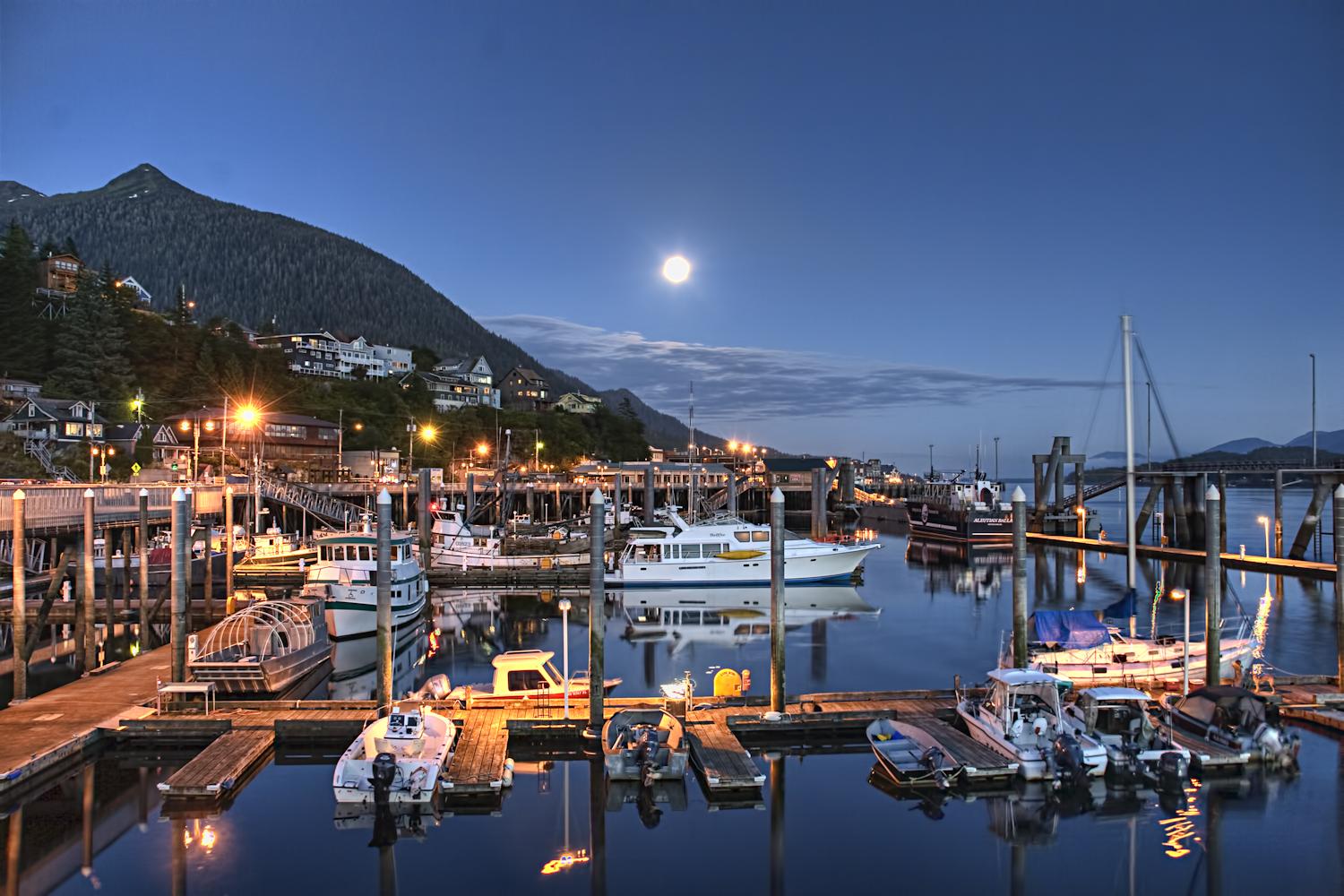 Full moon overlooking Deer Harbor, Ketchikan, Alaska (photo taken by