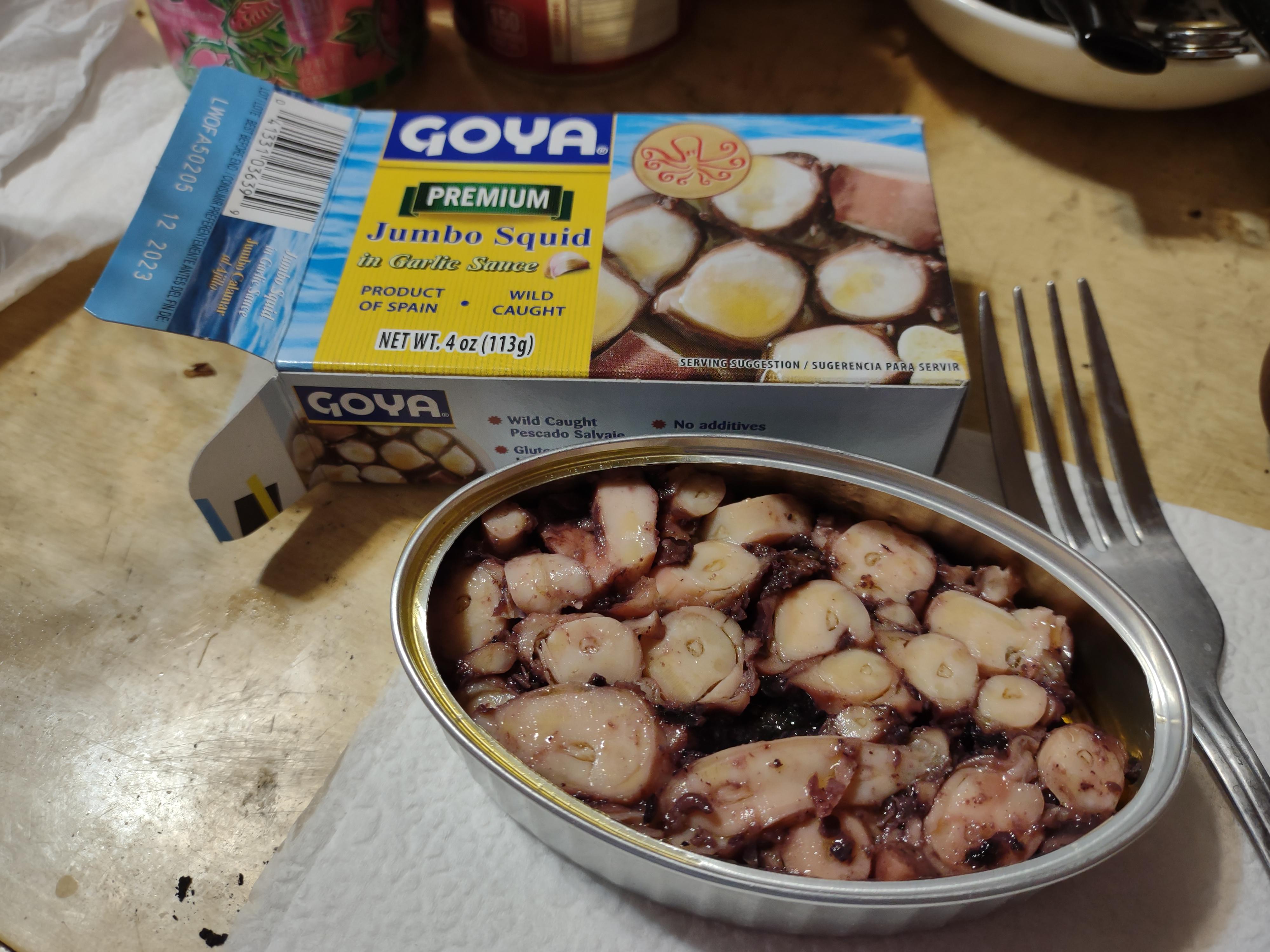 Goya Jumbo Squid in Garlic Sauce. Strange, but tasty. r/CannedSardines