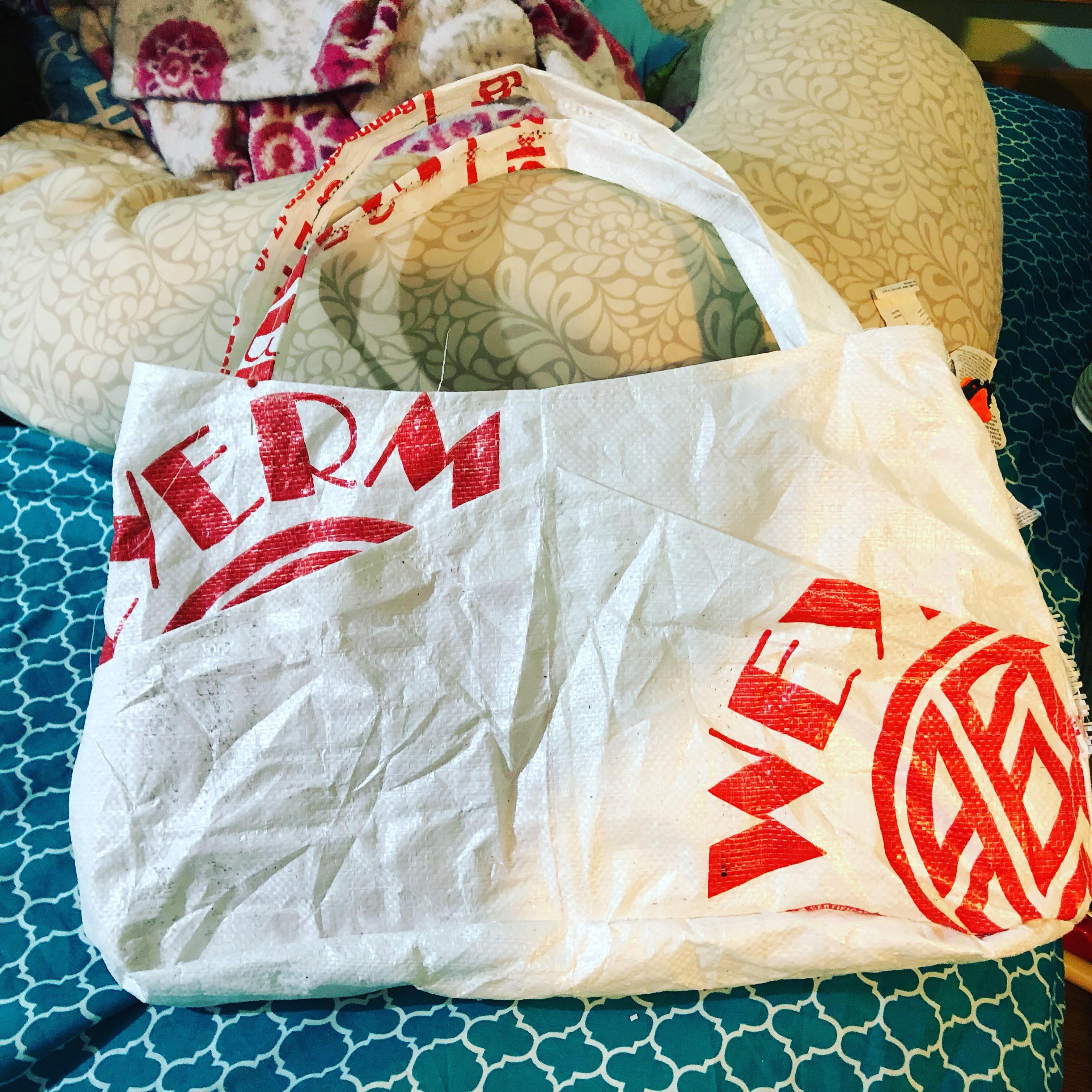 Made myself a tote bag for going to the market out of some malt bags I