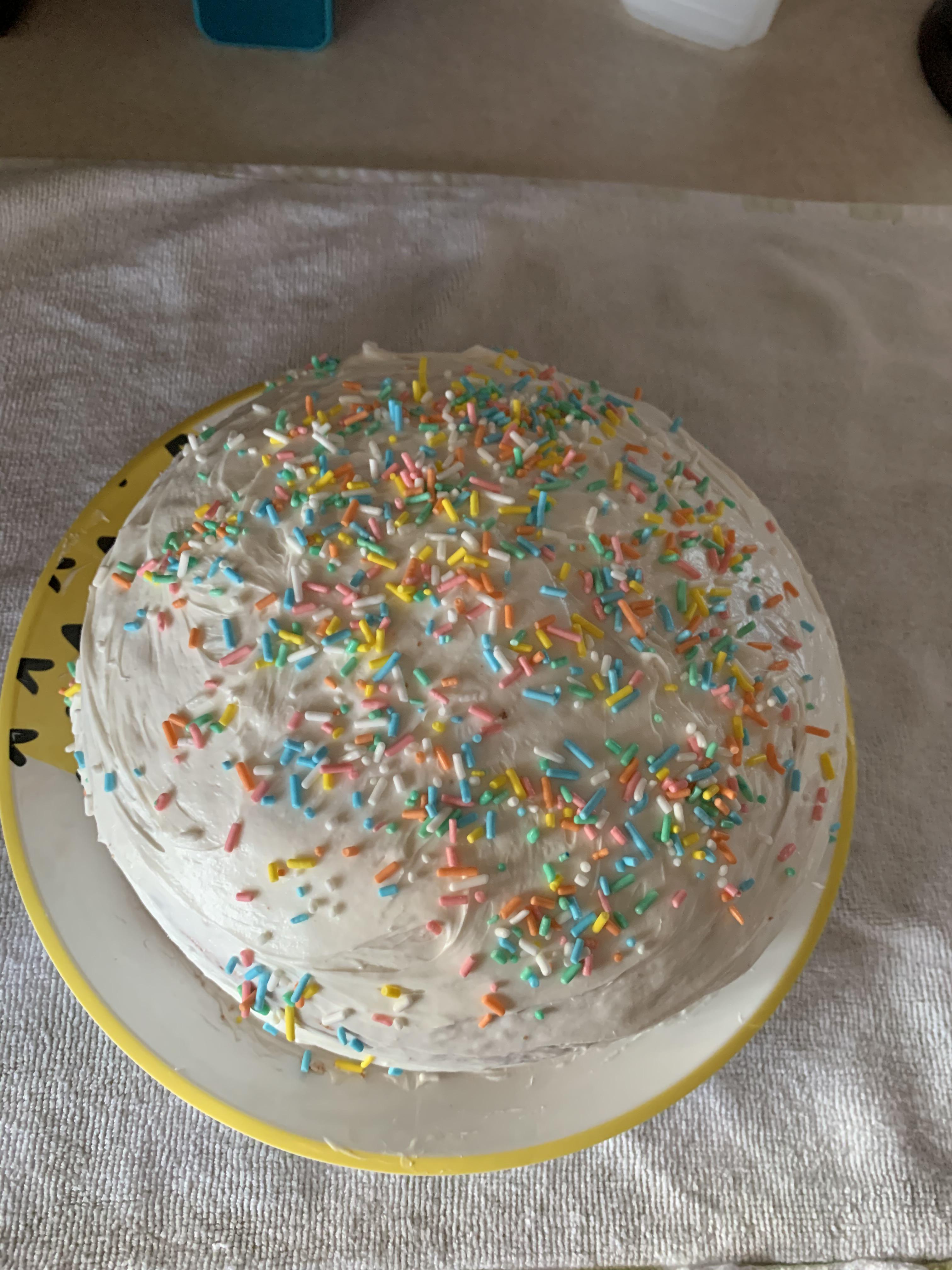 Two layer cake for my fiancé’s 35th! Betty Crocker cake mix and pillsbury marshmallow frosting