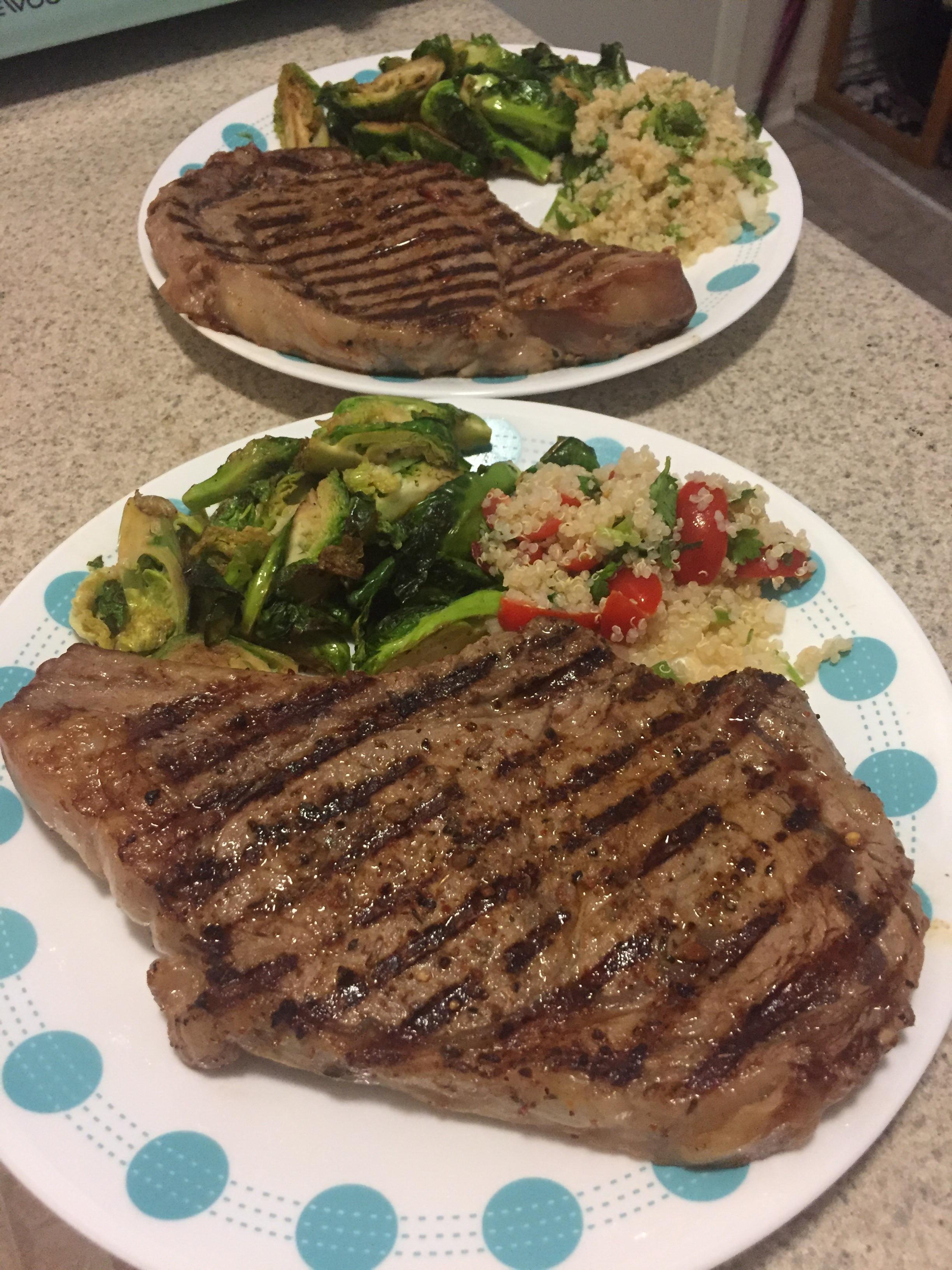 [Homemade] Steak with quinoa salad and brussel sprouts r/food