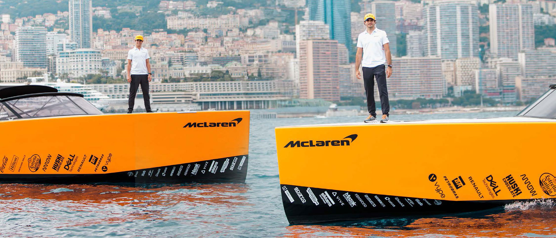 Carlos and Lando on team McLaren's VanDutch yachts, 2019 Monaco GP