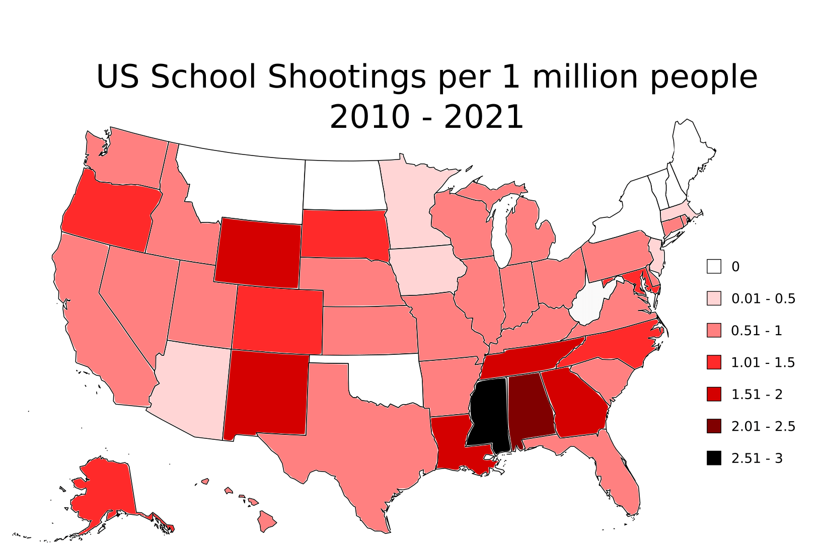 US school shootings per 1 million people since 2010 [OC} r/MapPorn