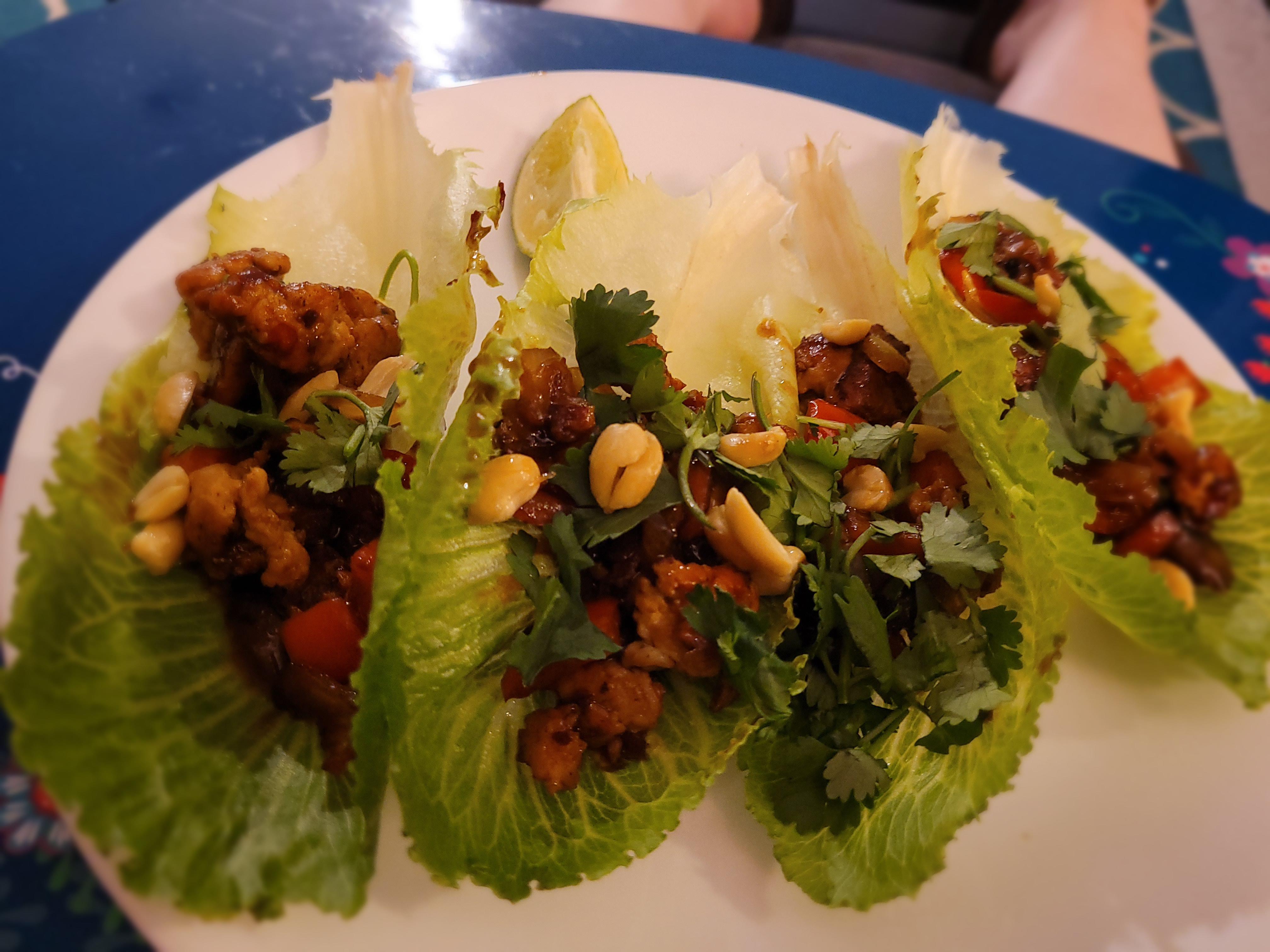 Sweet Chili Pork Lettuce Wraps with Candied Peanuts and Cilantro r