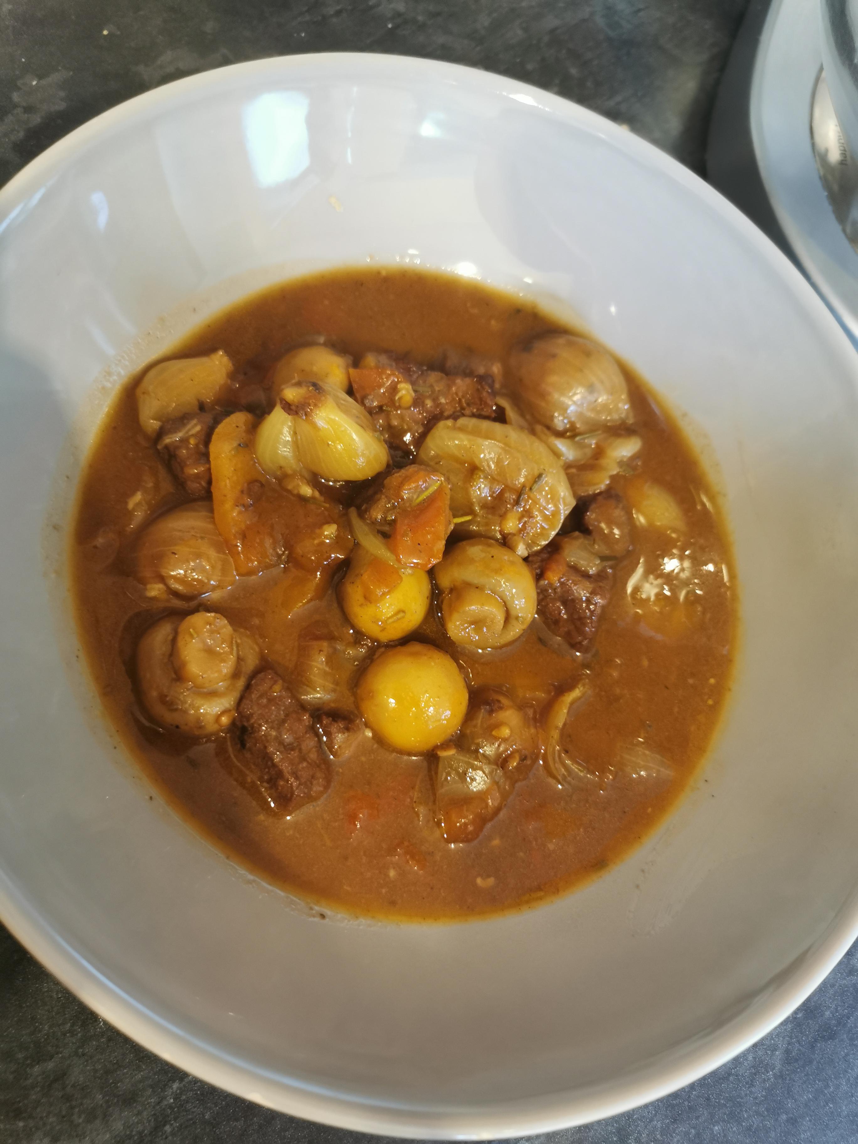 Stifado in my stove top pressure cooker. Served with lots of crusty