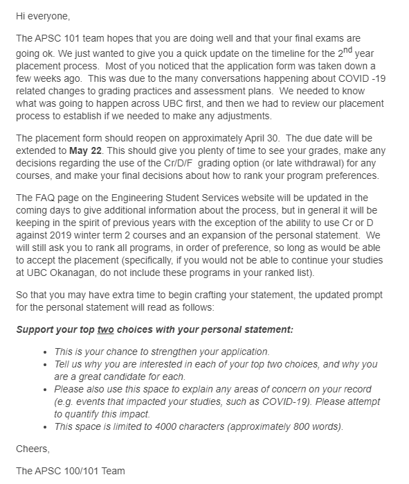 Update on 2nd Year Placement for Engineering UBC
