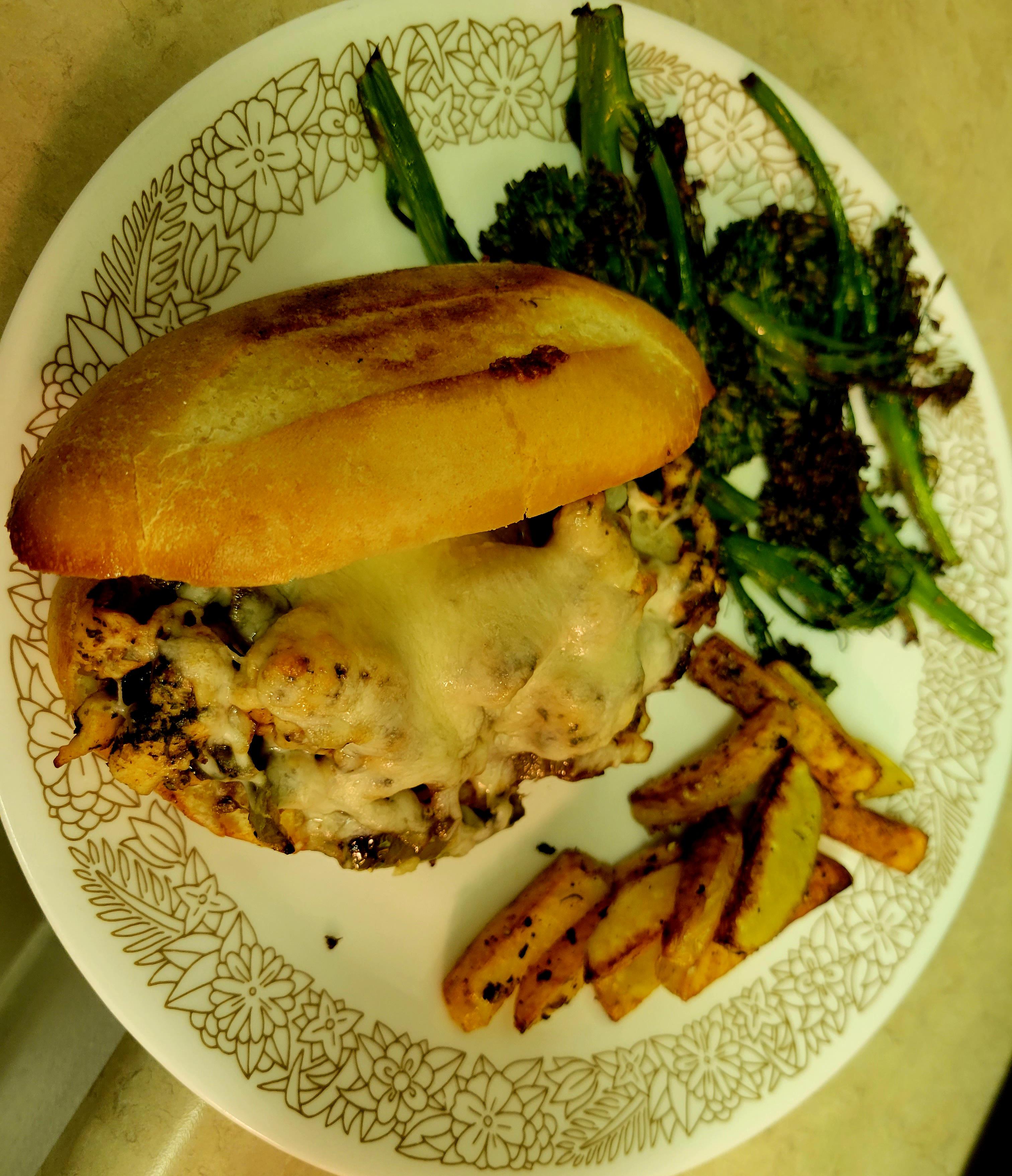 Italian Chicken & Pepper Sandos with Potato Wedges and Garlic Sauce