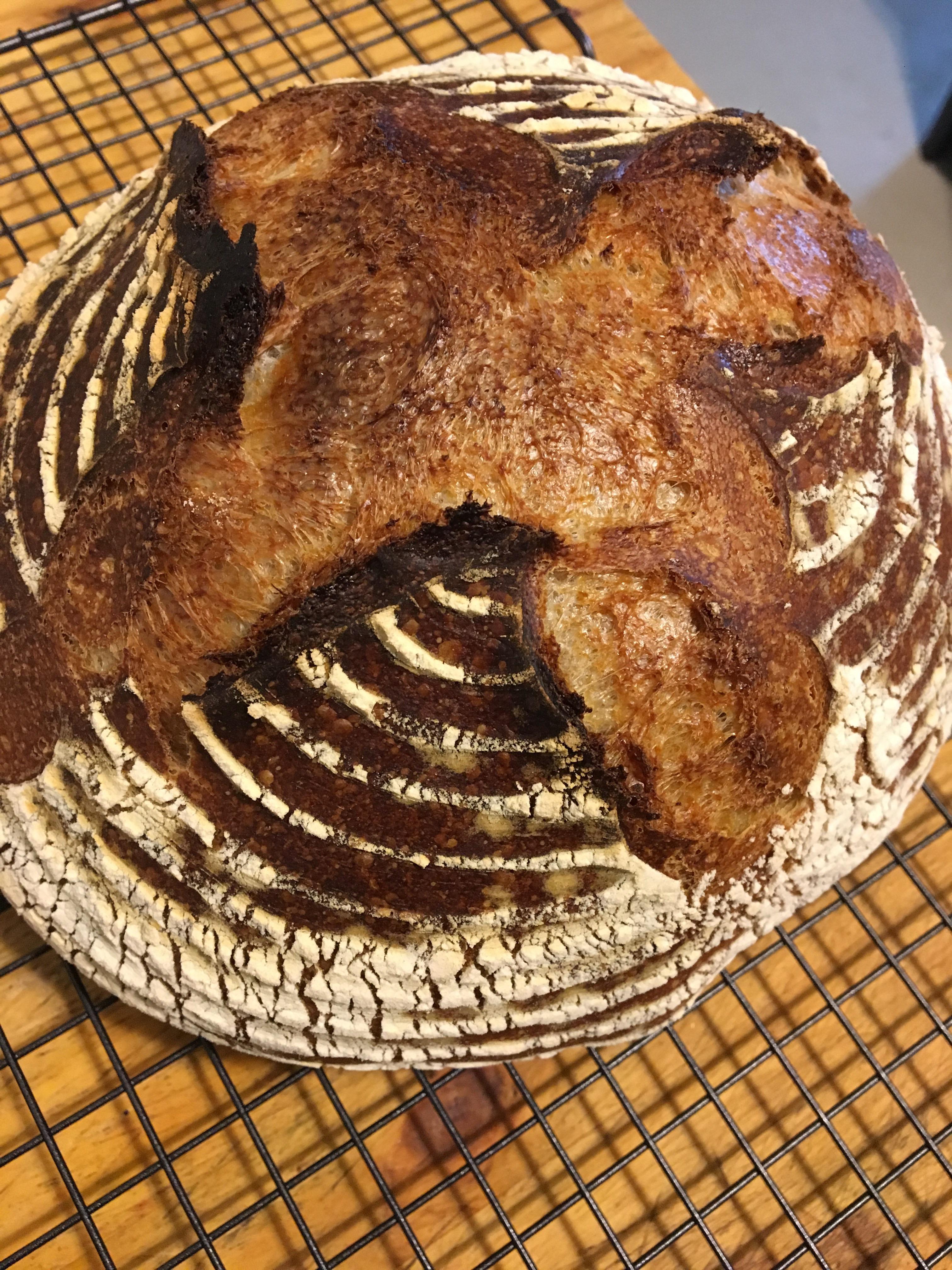 Dutch oven sourdough. 1/4 whole wheat, 1/4 rye, 2/4 white. r/Breadit