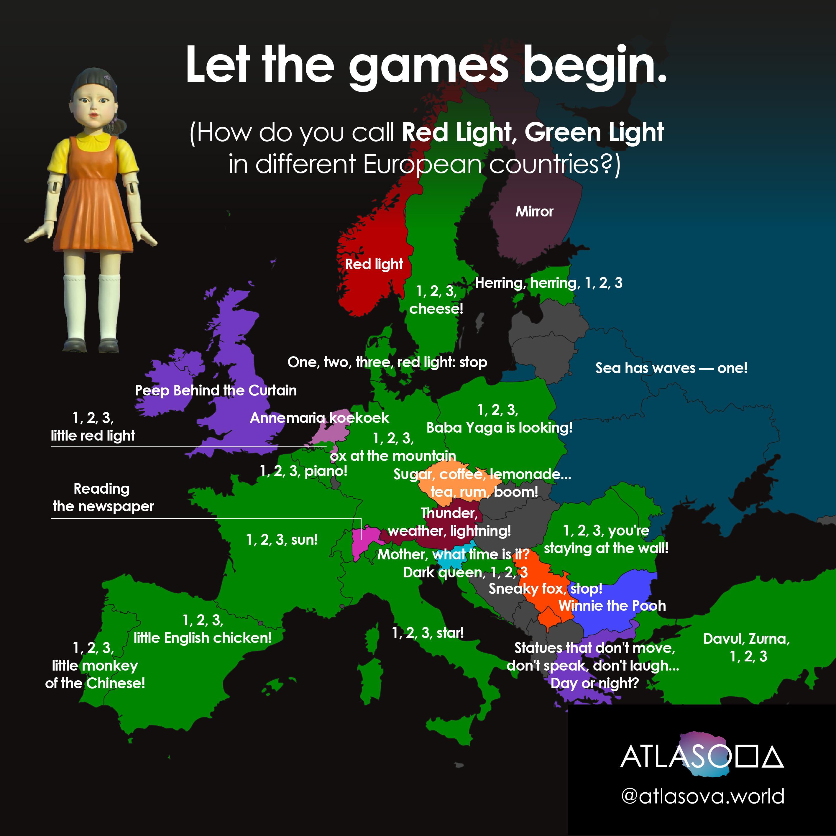 What is the game ‘Red light, green light’ called in various languages