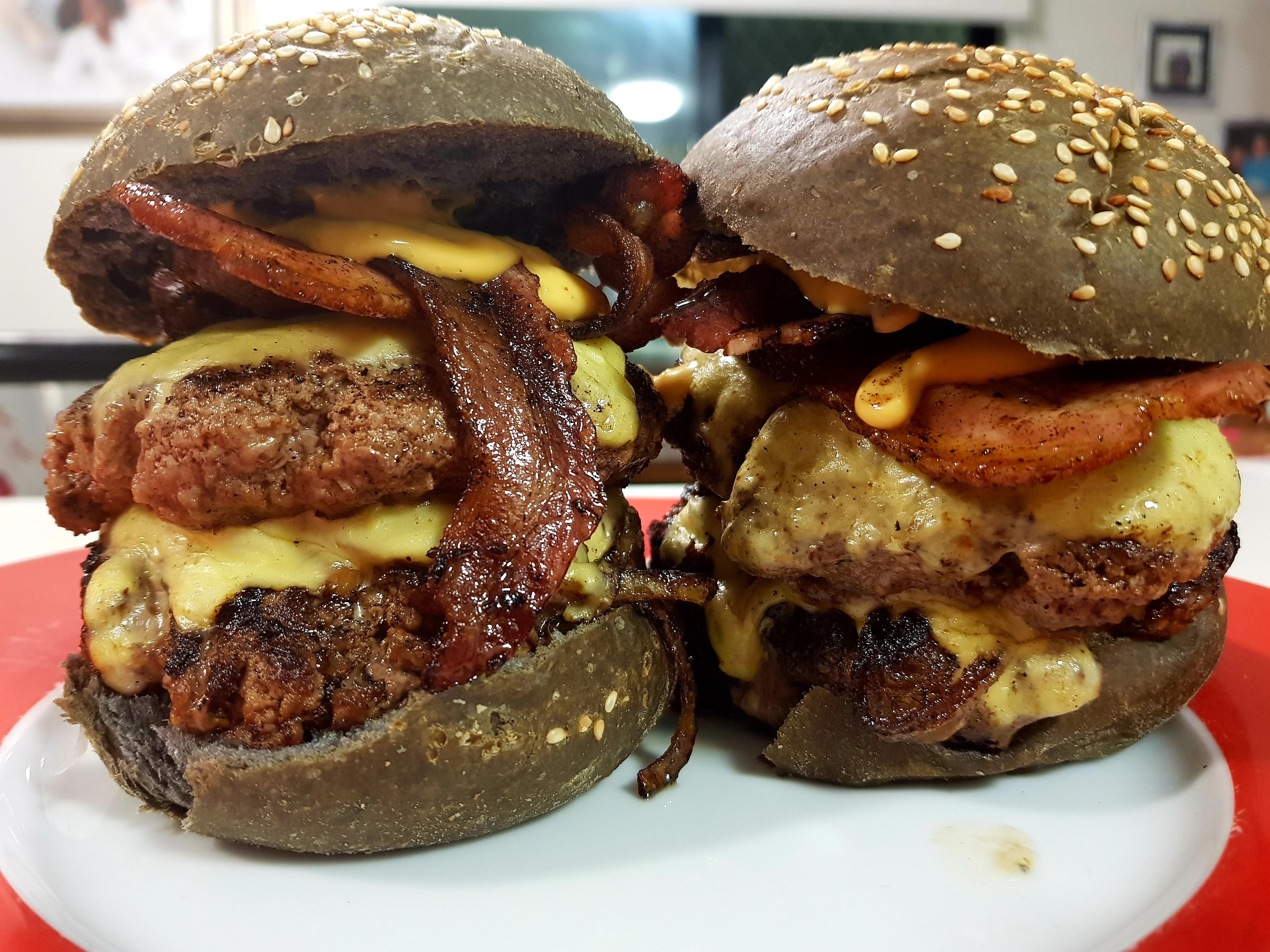 [Homemade] Double smash cheese burgers on charcoal brioche. Streaky