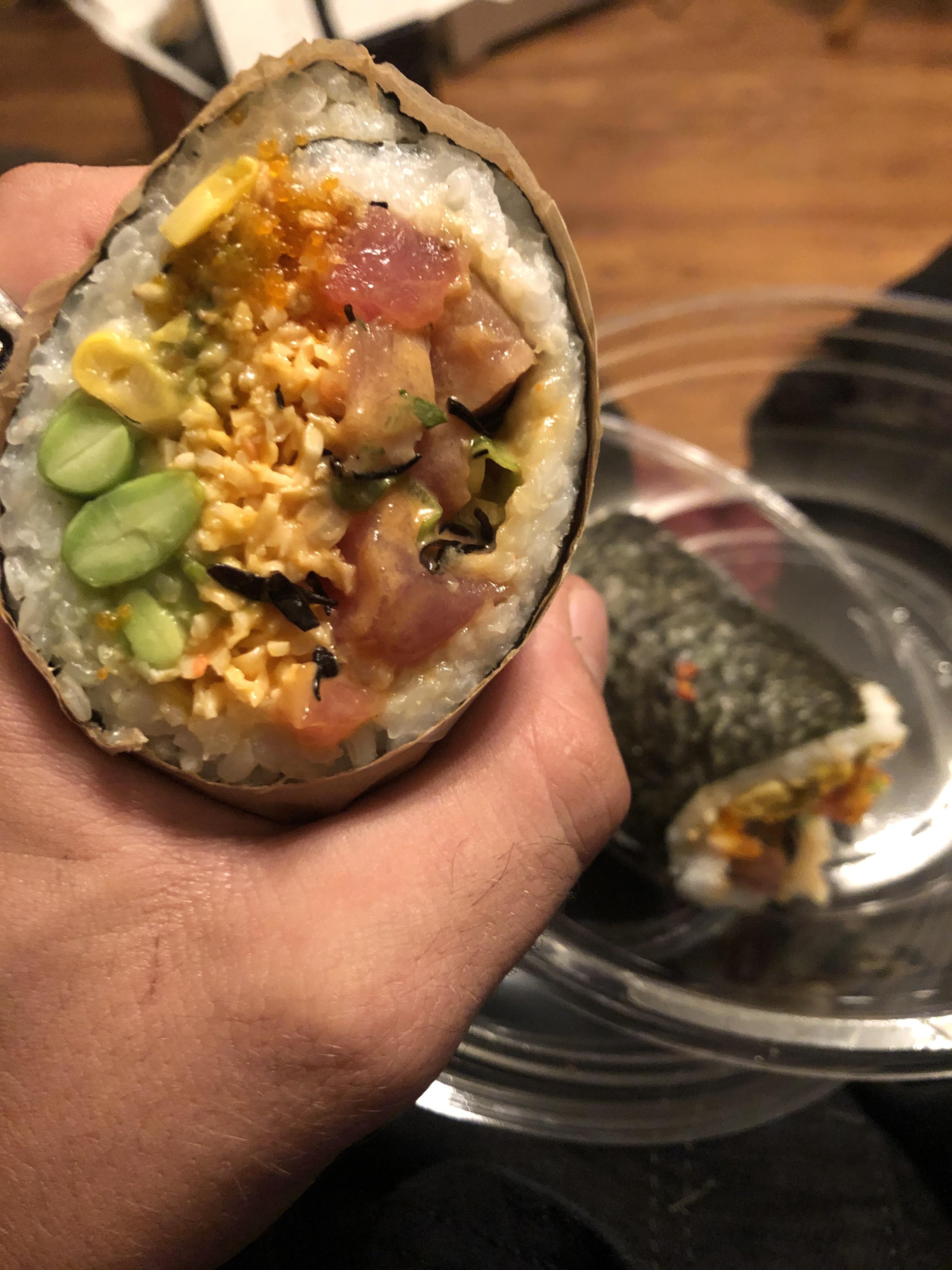 Ahi tuna, seared tuna, crab and a ton of other stuff all in a 1/4lb sushi burrito r