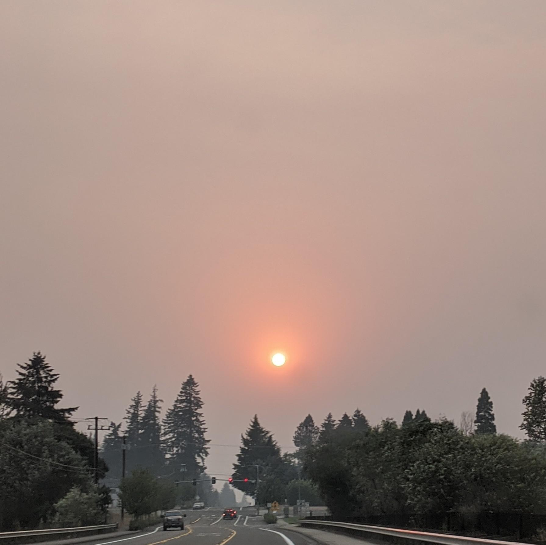 The sun setting in a smoky sky yesterday in Vancouver WA. Unusually