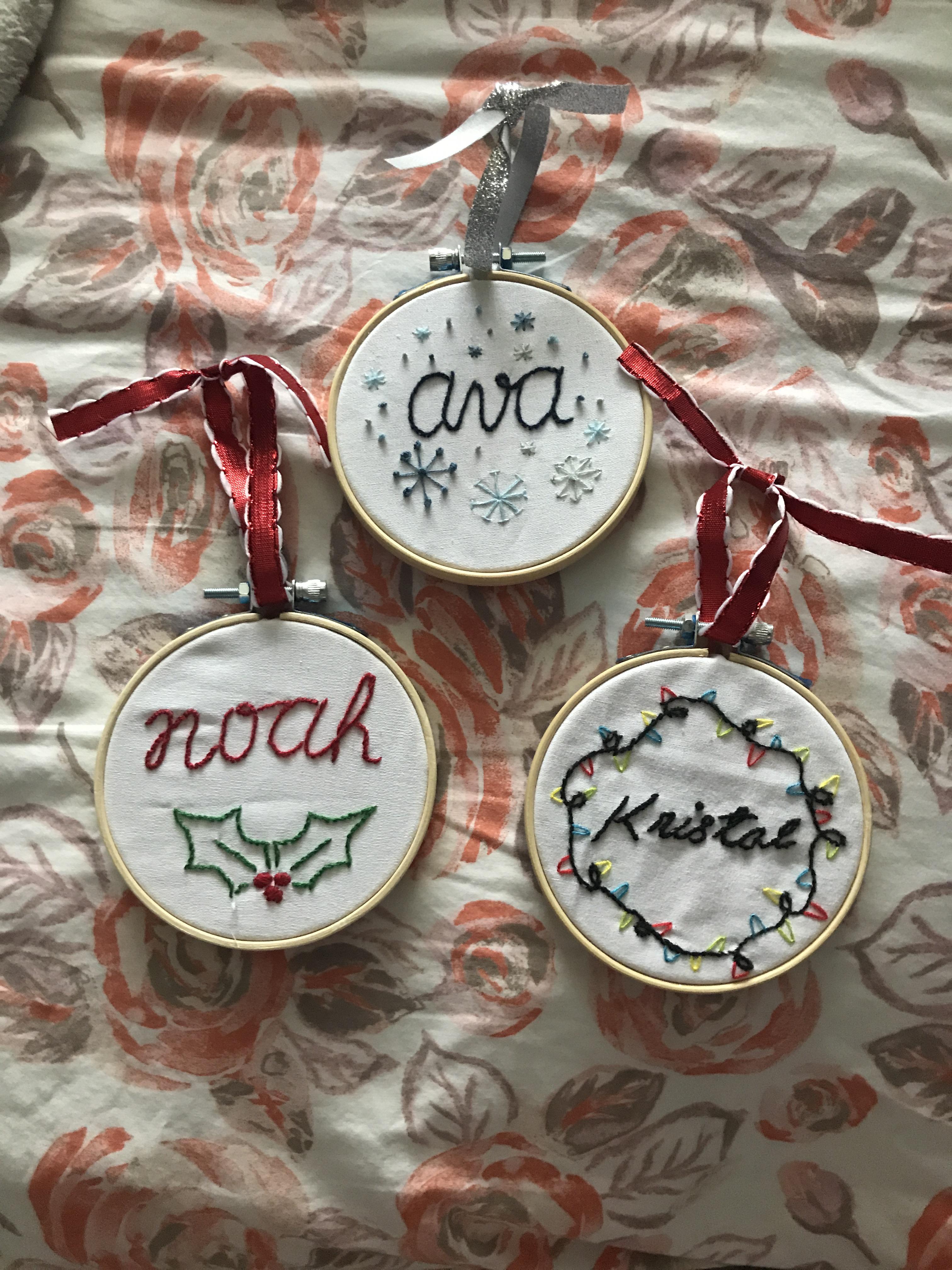 Ornaments/stocking labels I made for a family friend! r/Embroidery