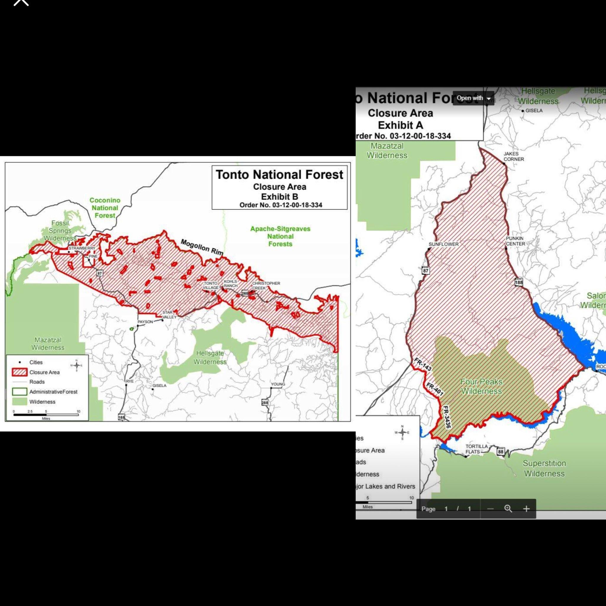 Map of Tonto forest closures are up. Close tomorrow morning at 6am. r