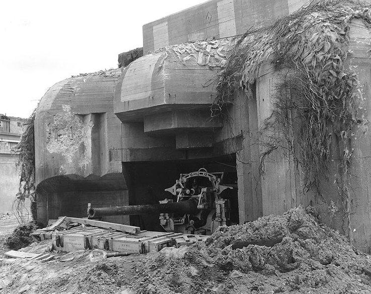 German anti tank gun emplacement in the port of Cherbourg, Manche