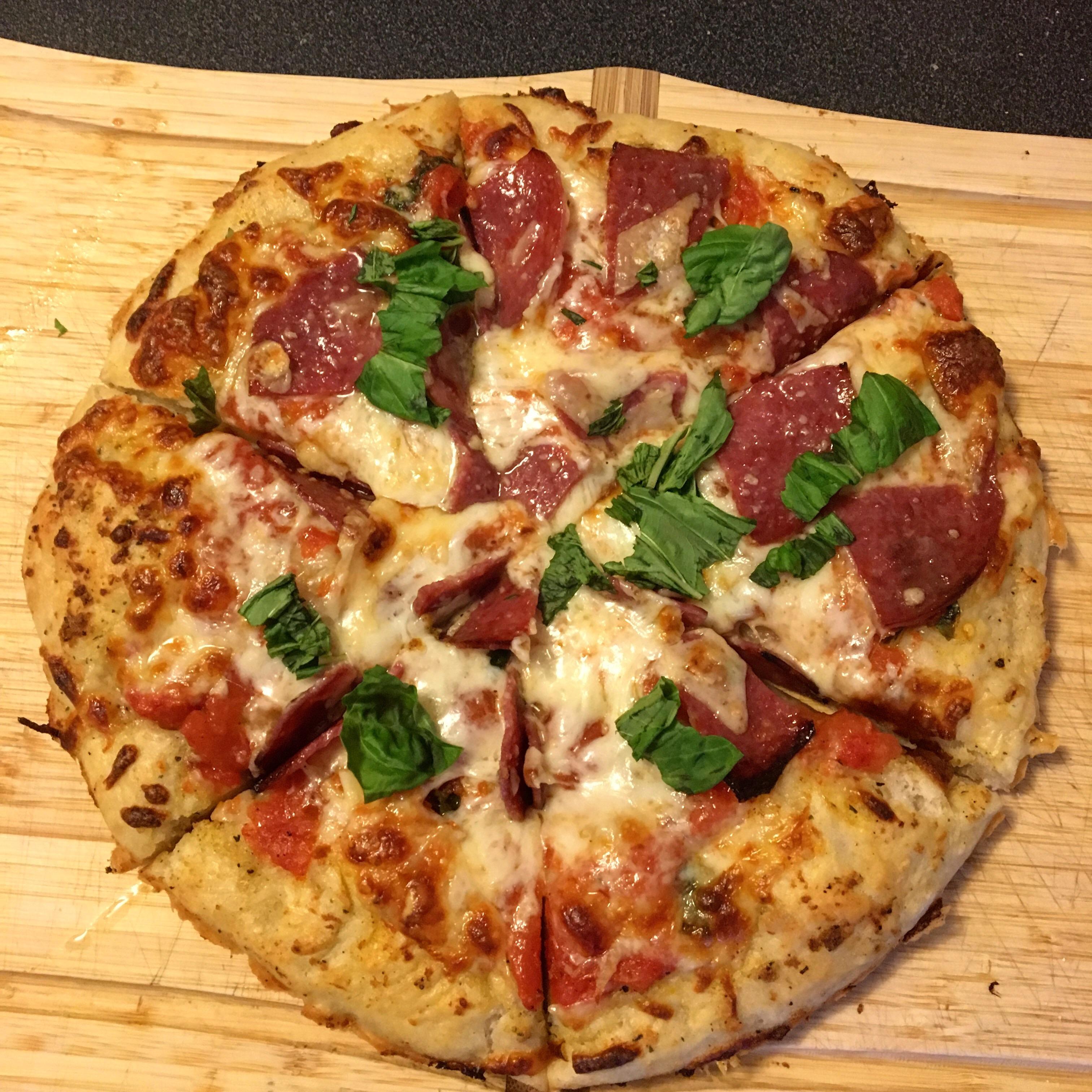 [homemade] Salami and Basil Pizza r/food