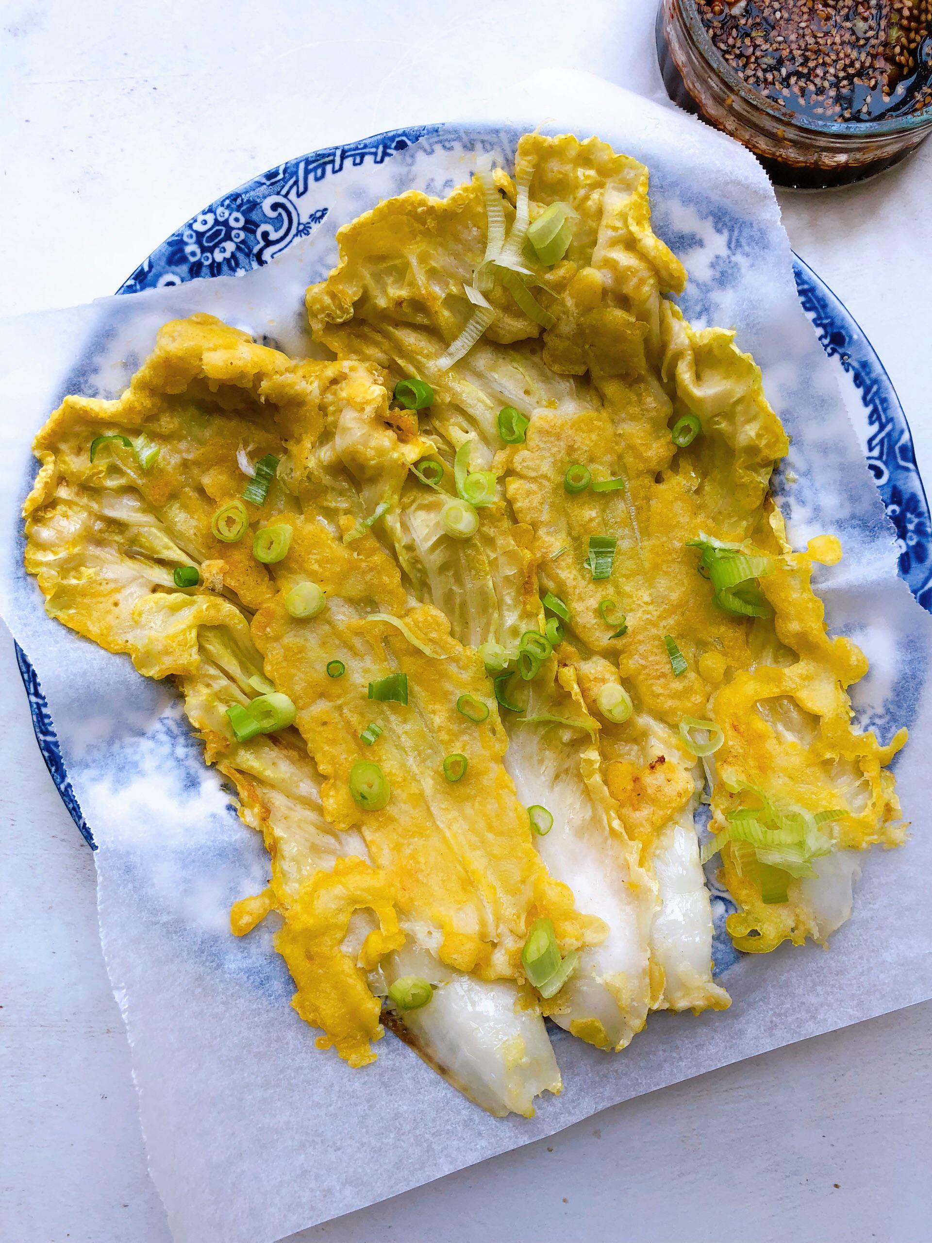 Korean Napa Cabbage Fritters, aka Baechu Jeon. The napa cabbage leaves