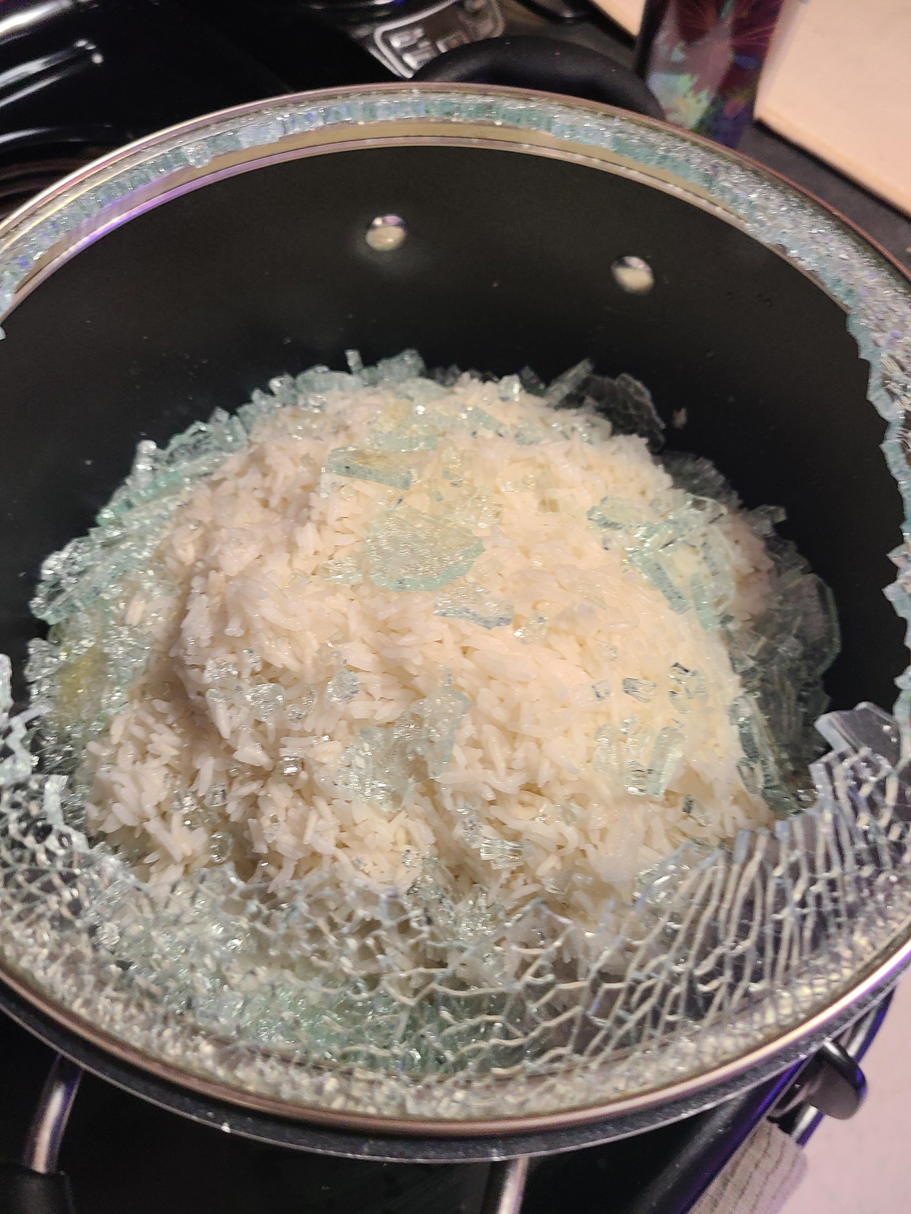 Extra crunchy rice, courtesy of my roommate resting the glass lid over