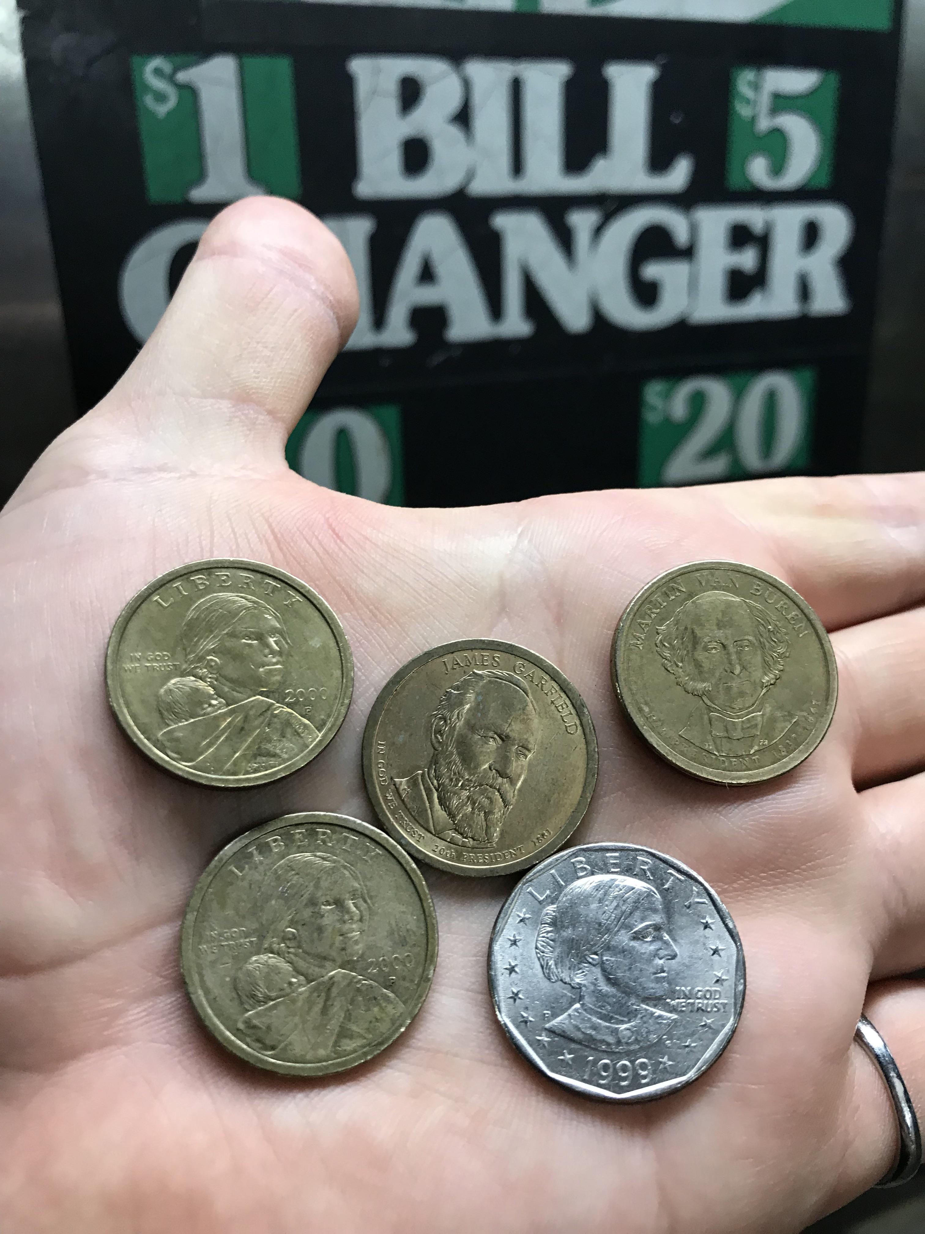 This car wash coin machine gives out Sacagawea, Van Buren, Garfield