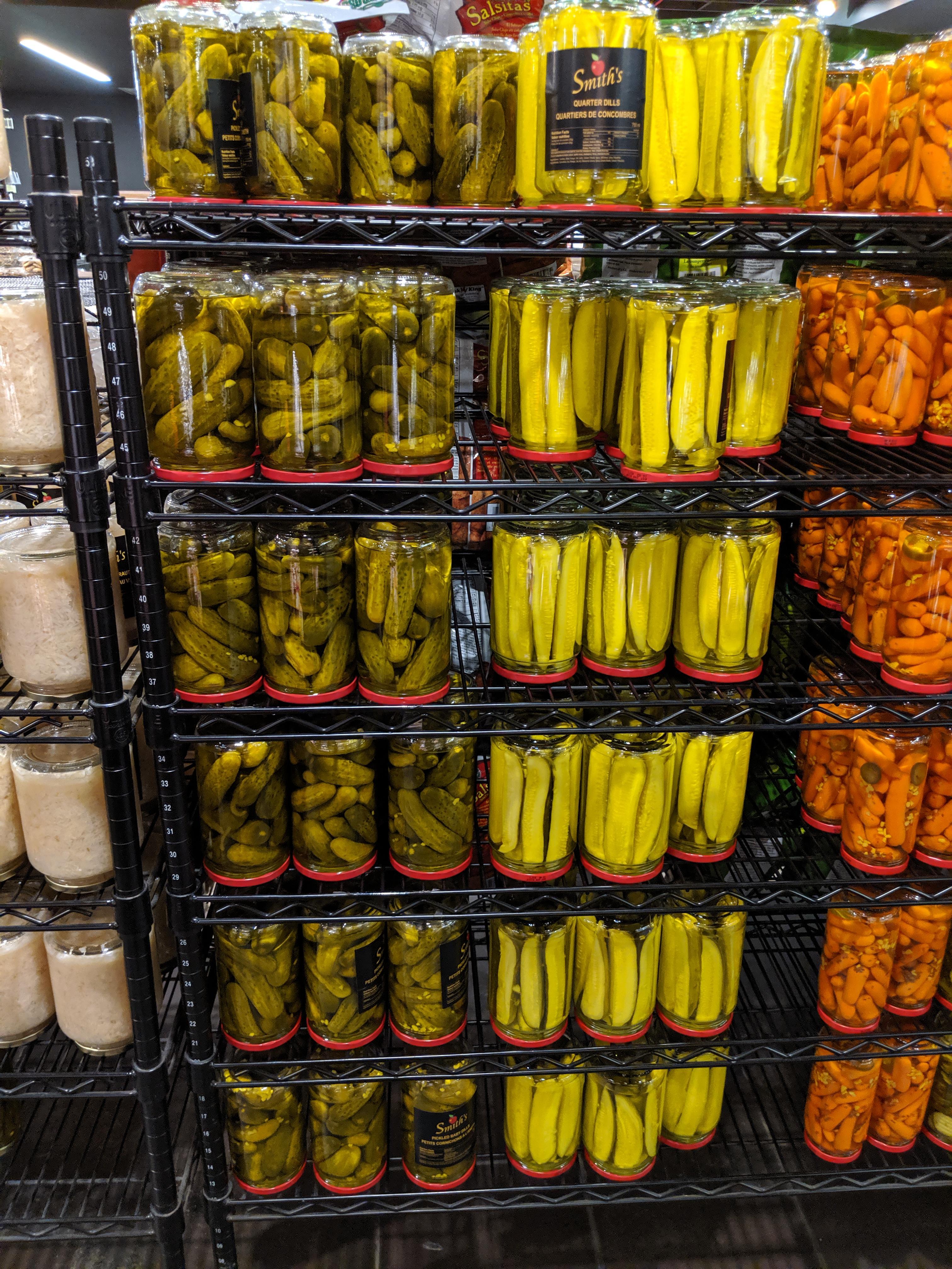 Grocery store in Sudbury, Ontario stores their pickled jars upside down