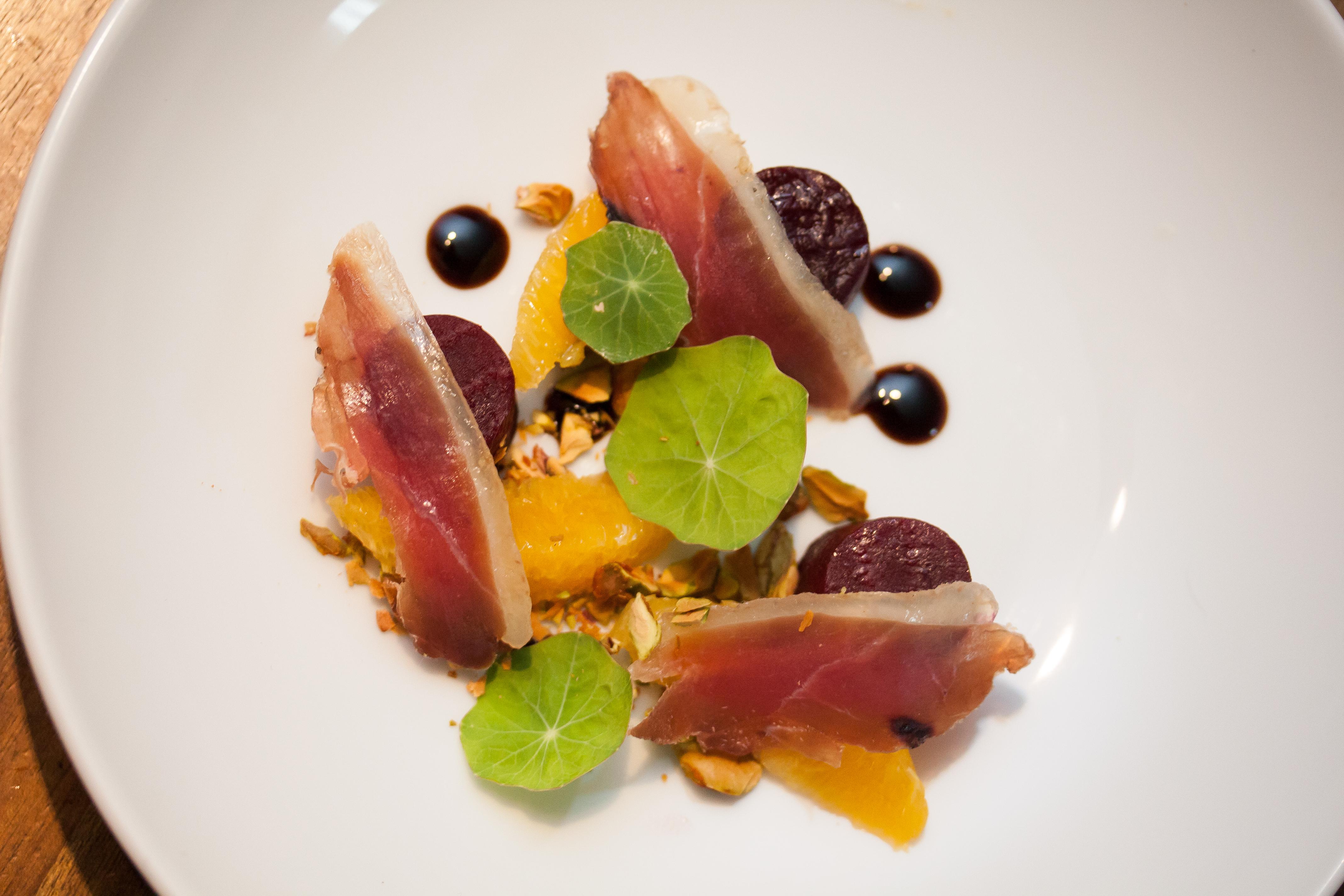 [Homemade] Duck Prosciutto, Roasted Beet, Orange, Toasted Pistachio
