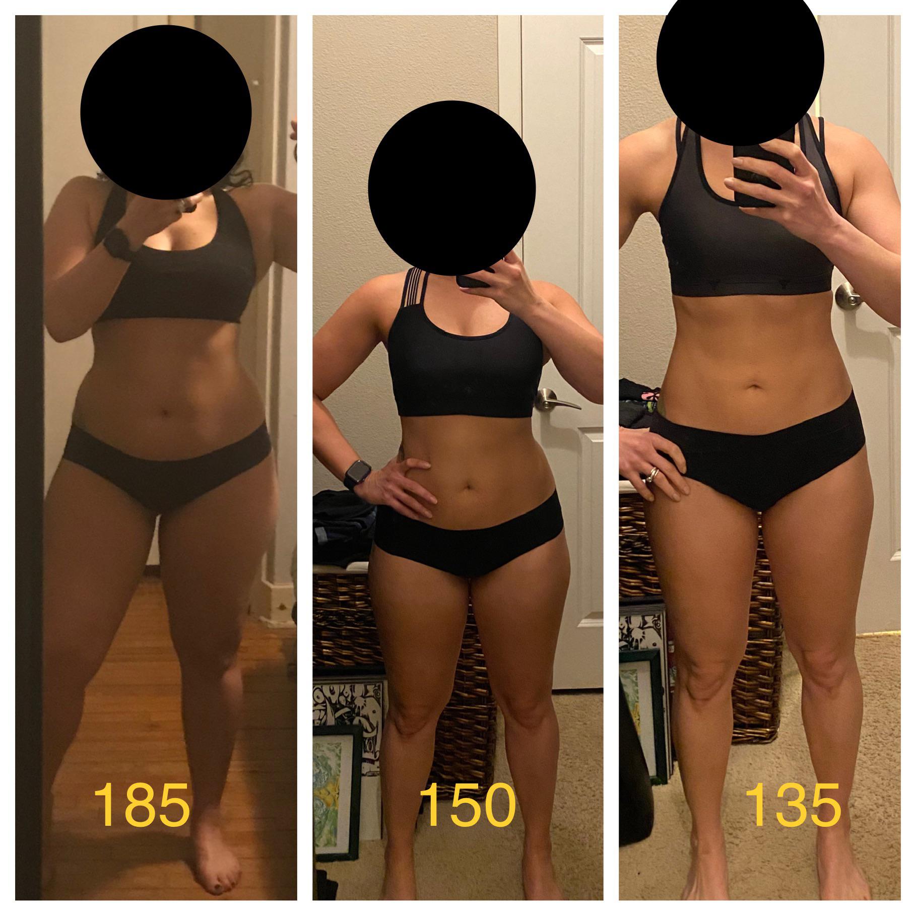 F/38/5’4” [185 lbs > 135 lbs = 50 lbs] 1 year & 21 days. CICO & OTF