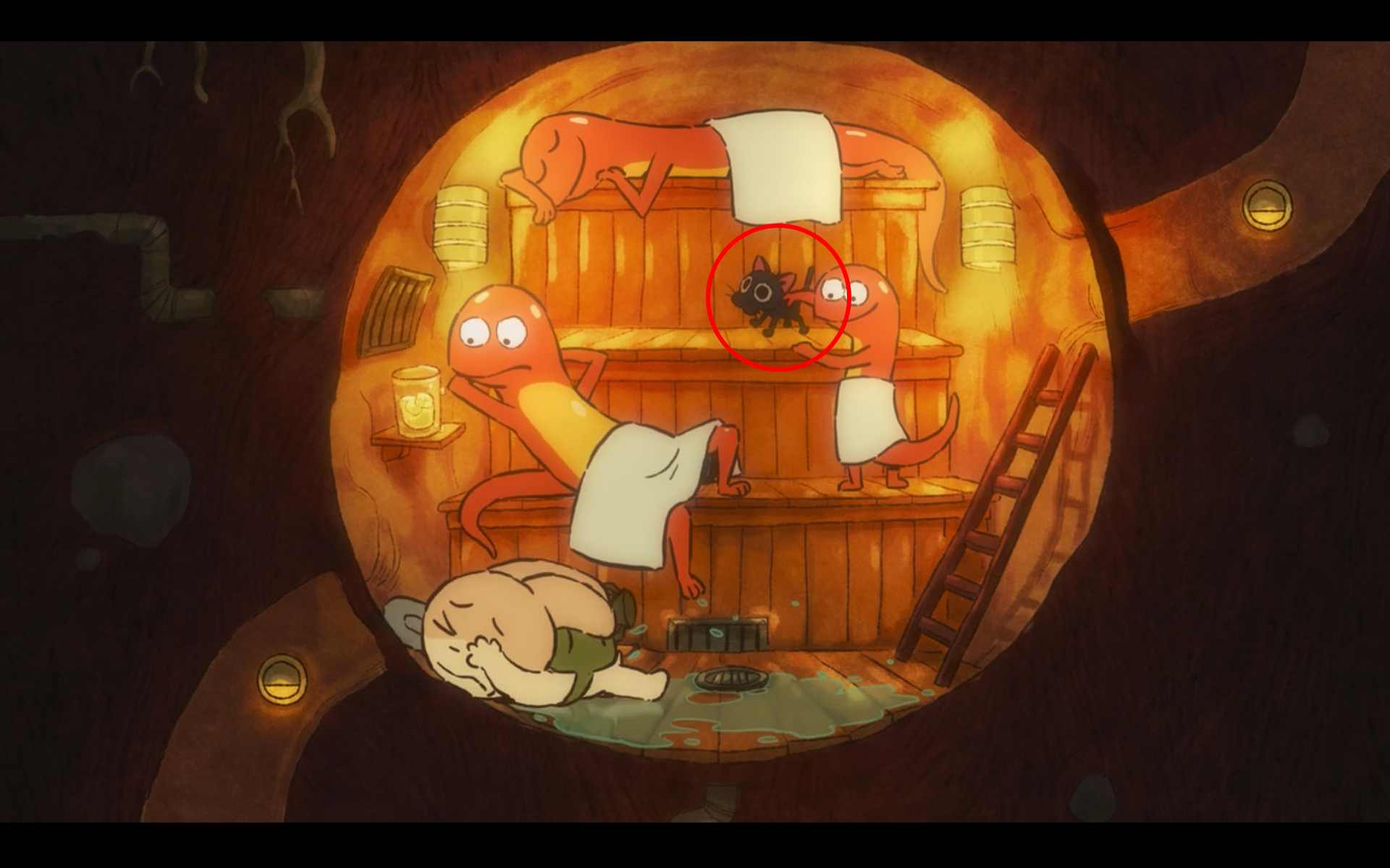 In the Pixar short Burrow (2020), while digging through a steam room