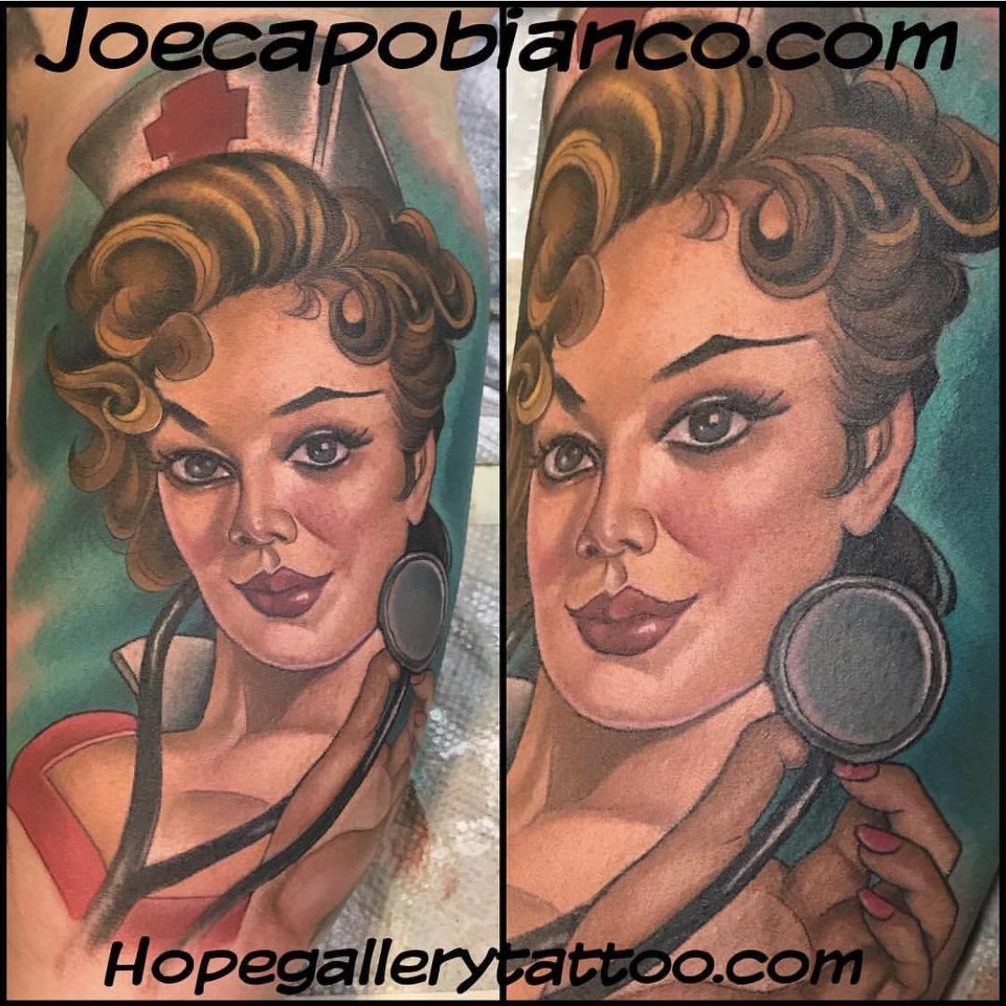 Gil Elvgren style gal done by Joe Capobianco of Hope Gallery Tattoo