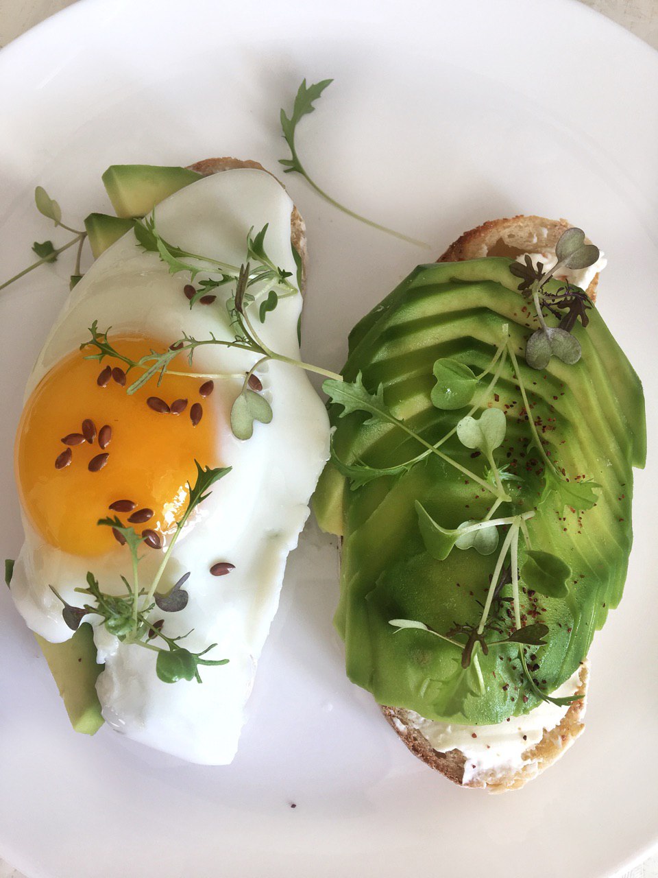 Homemade bread, cream cheese, egg and avocado, decorated with