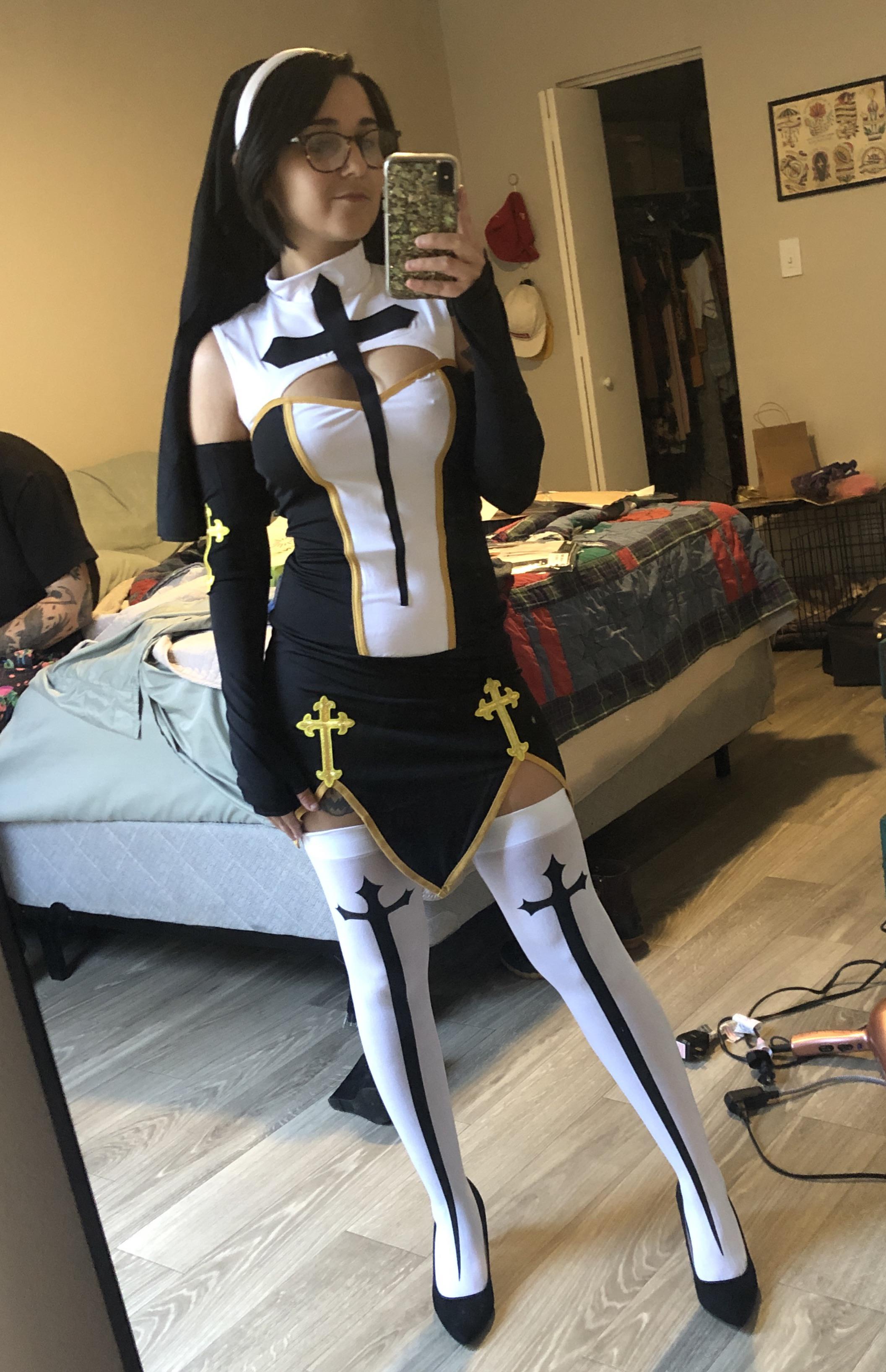 I just got my Halloween costume but I’m stuck between an evil nun look or sexy nun look for my