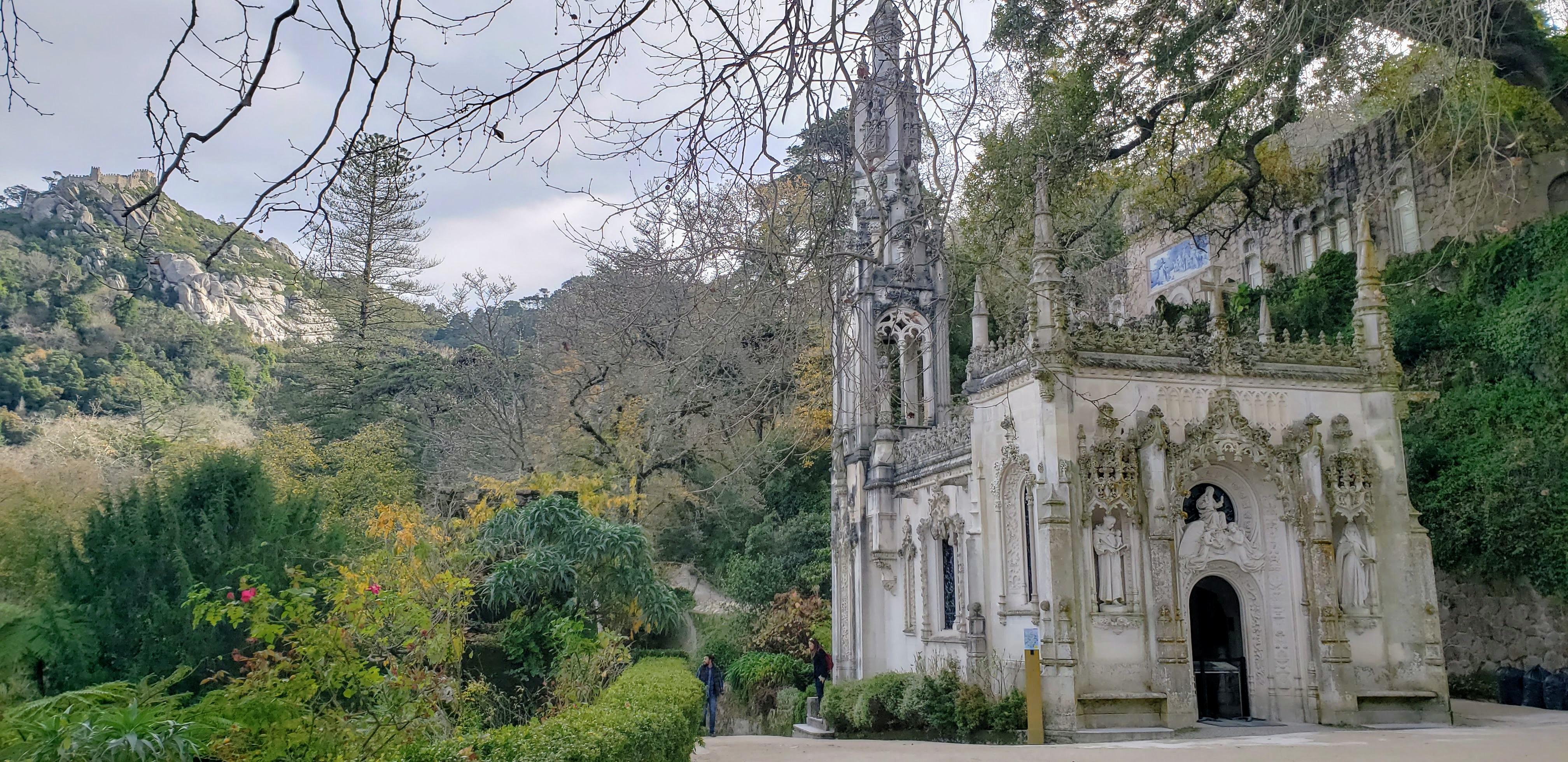 Chapel at Quinta da Regaleira in Sintra with Castelo dos Mouros in the