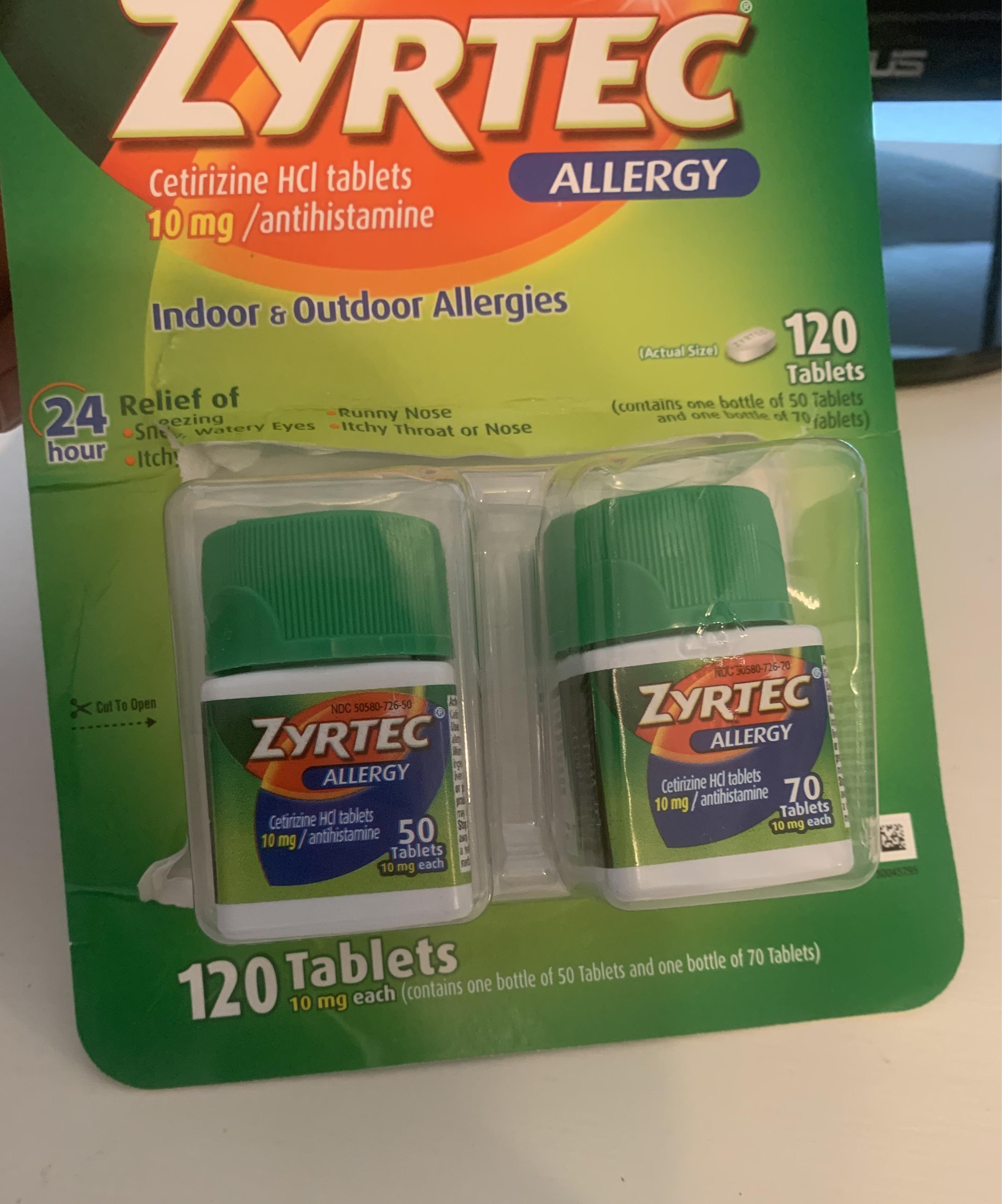 This 2 pack of 120 allergy tablets comes in one bottle of 50 and one