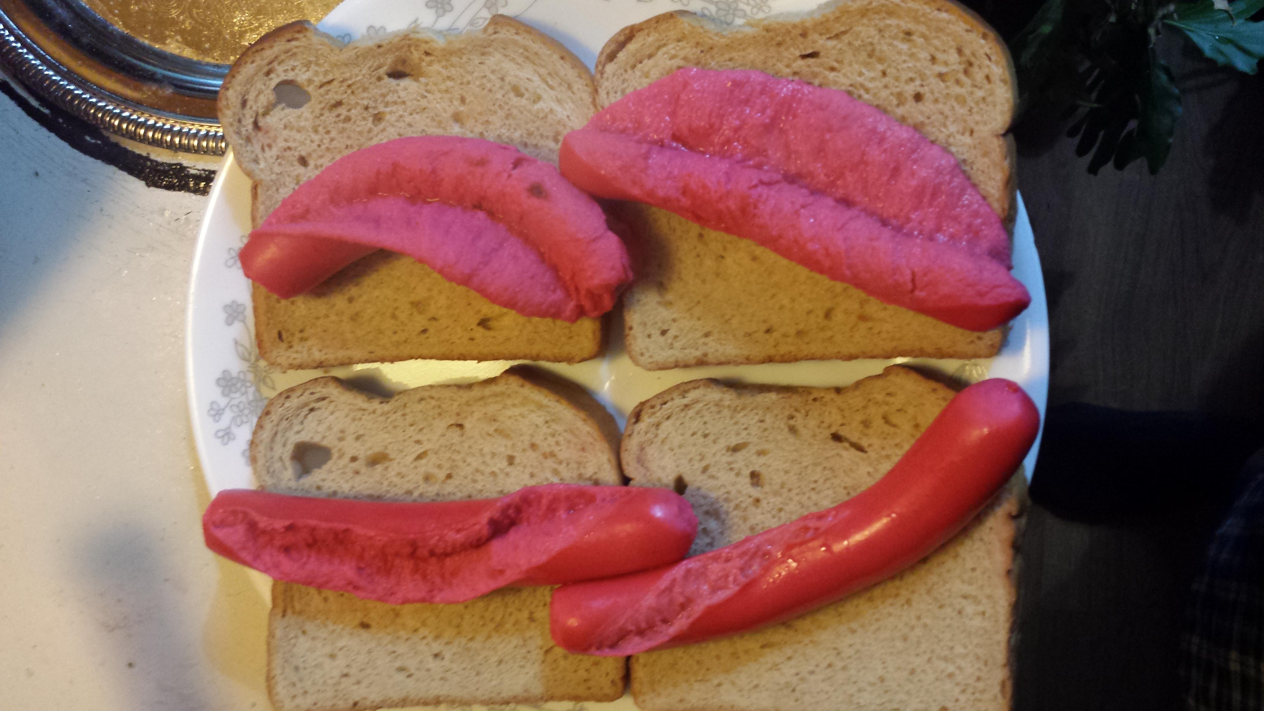 Hot dogs I let boil too long. On wheat of course, for the health