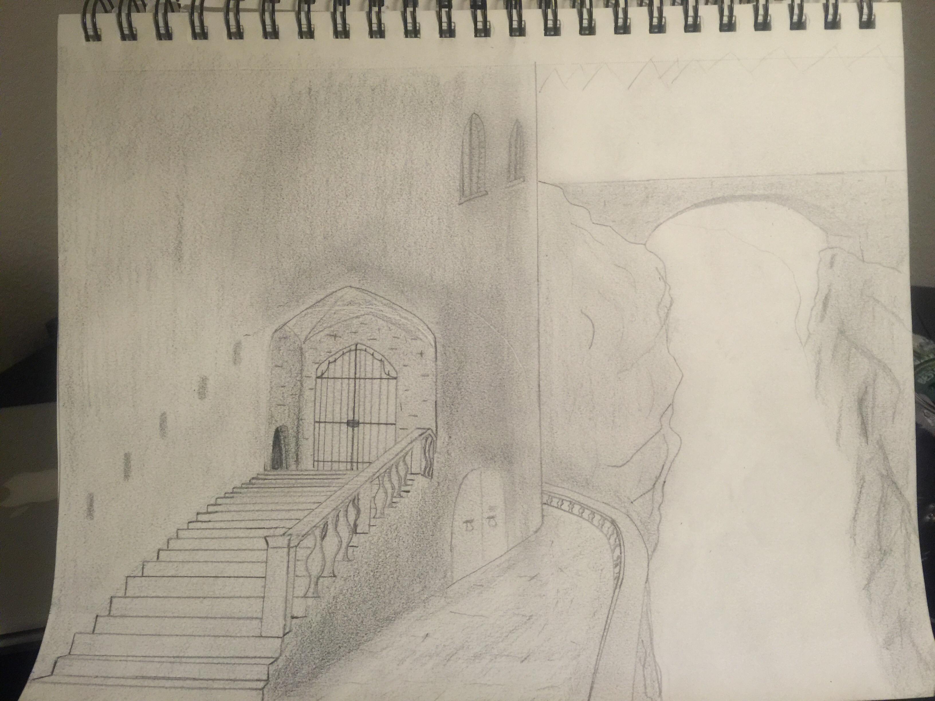 Sketch for a painting I'm planning. Drawing in perspective is way