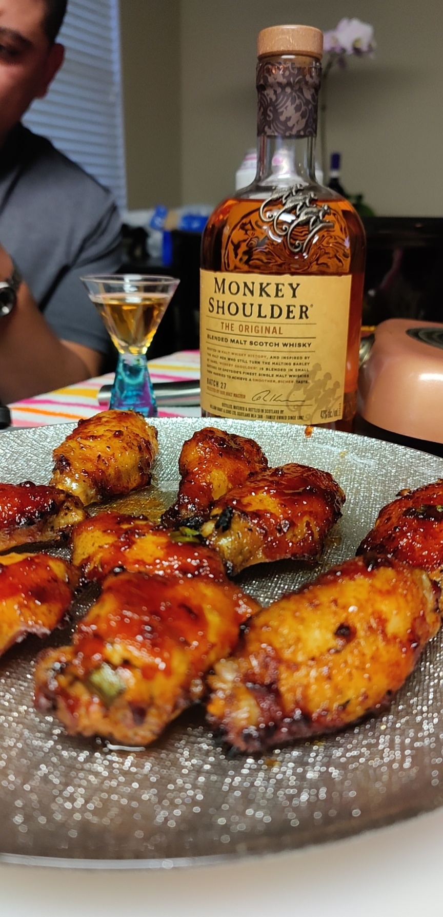 Whiskey and wings. [Air fried wings with New Mexico Chile Asador bbq