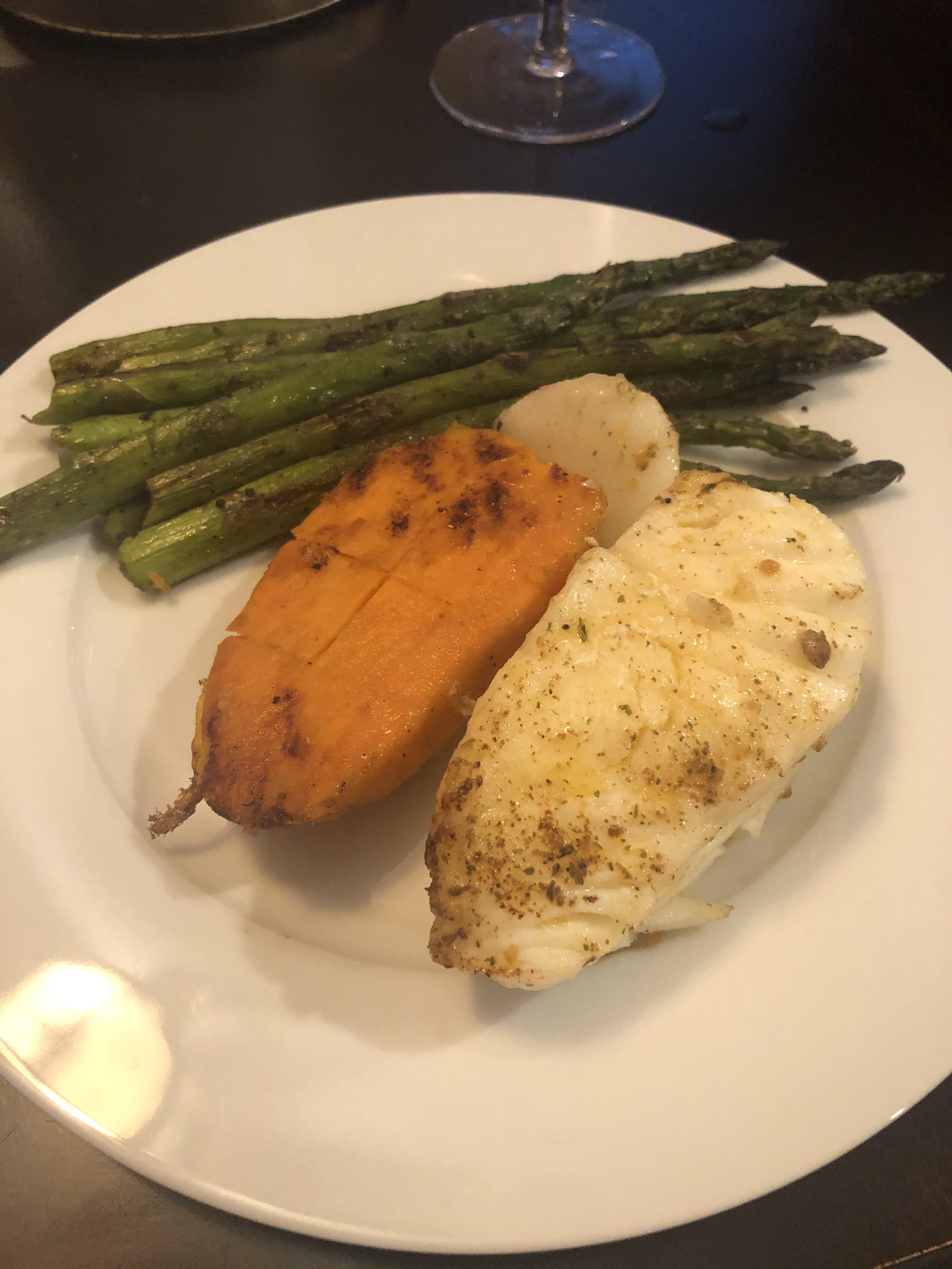 Chilean Sea Bass, Kinder’s Seafood seasoning, asparagus and sweet