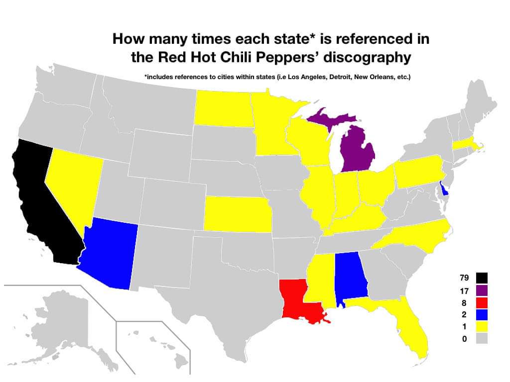 how many times each state is referenced in the red hot chili peppers