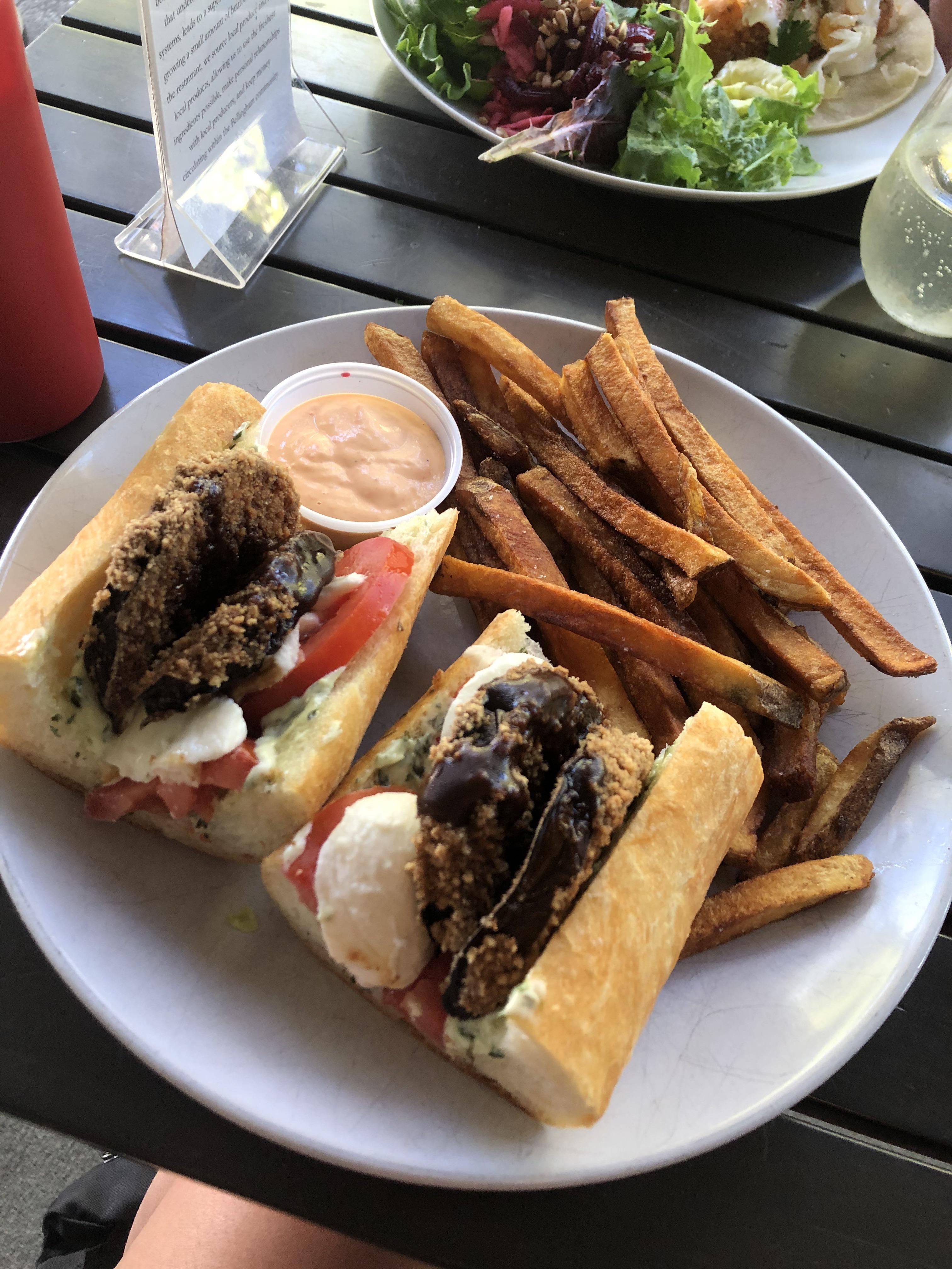 Eggplant “Mediterranean” sandwich, the best fries of my life, and red