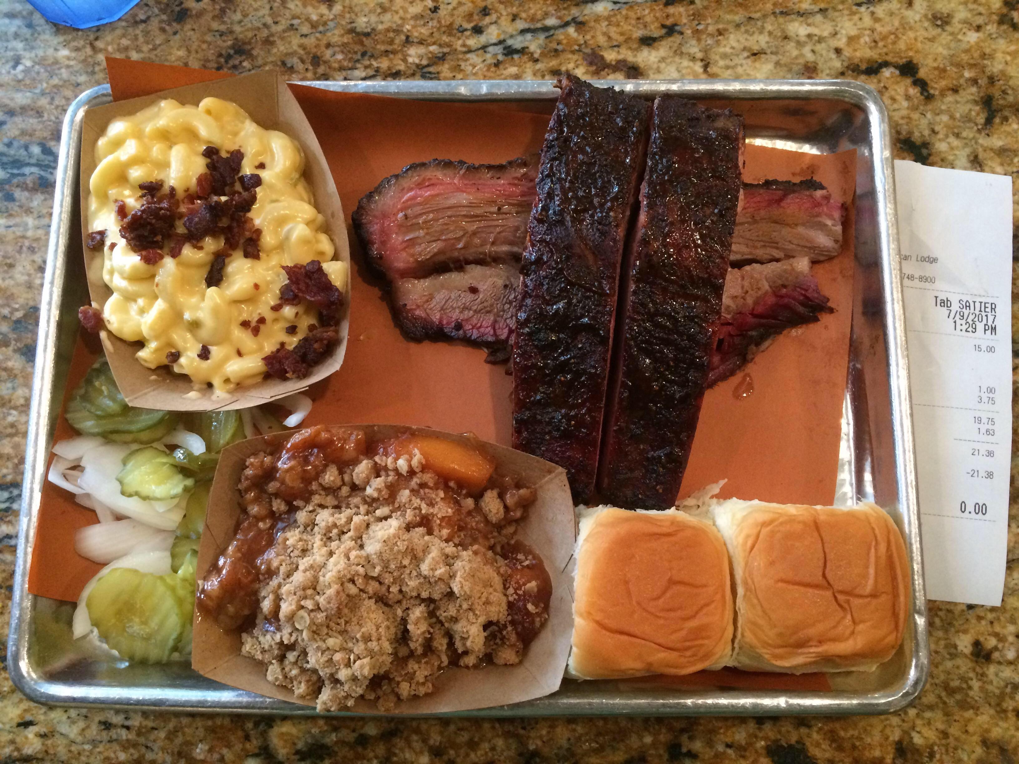 [I ate] Texas style BBQ ribs, brisket, bacon mac&cheese, and peach