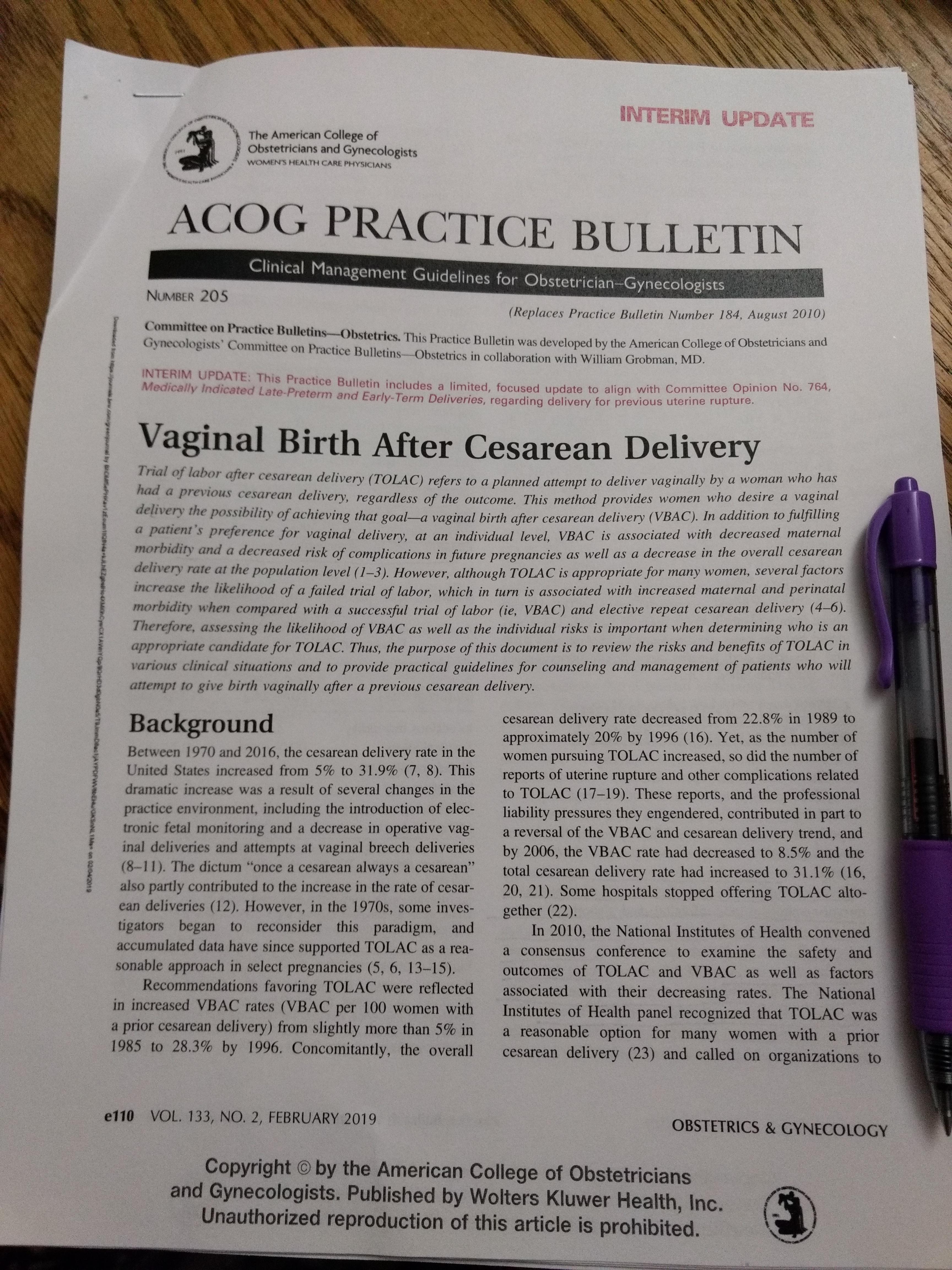 ACOG Practice Bulletin 205 on VBAC Management. Published February 2019