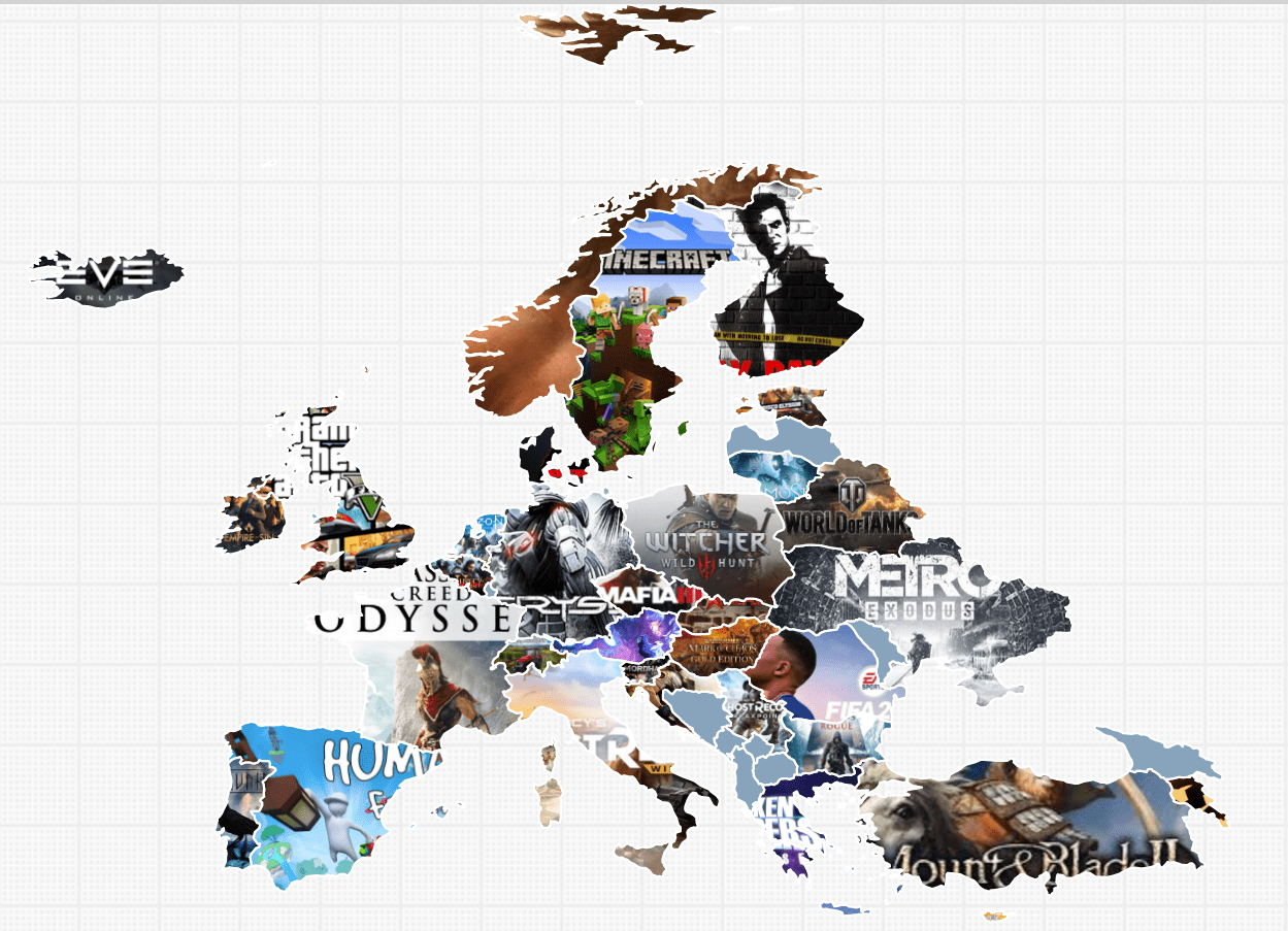Map of Europe by which game developed in each country sold the most
