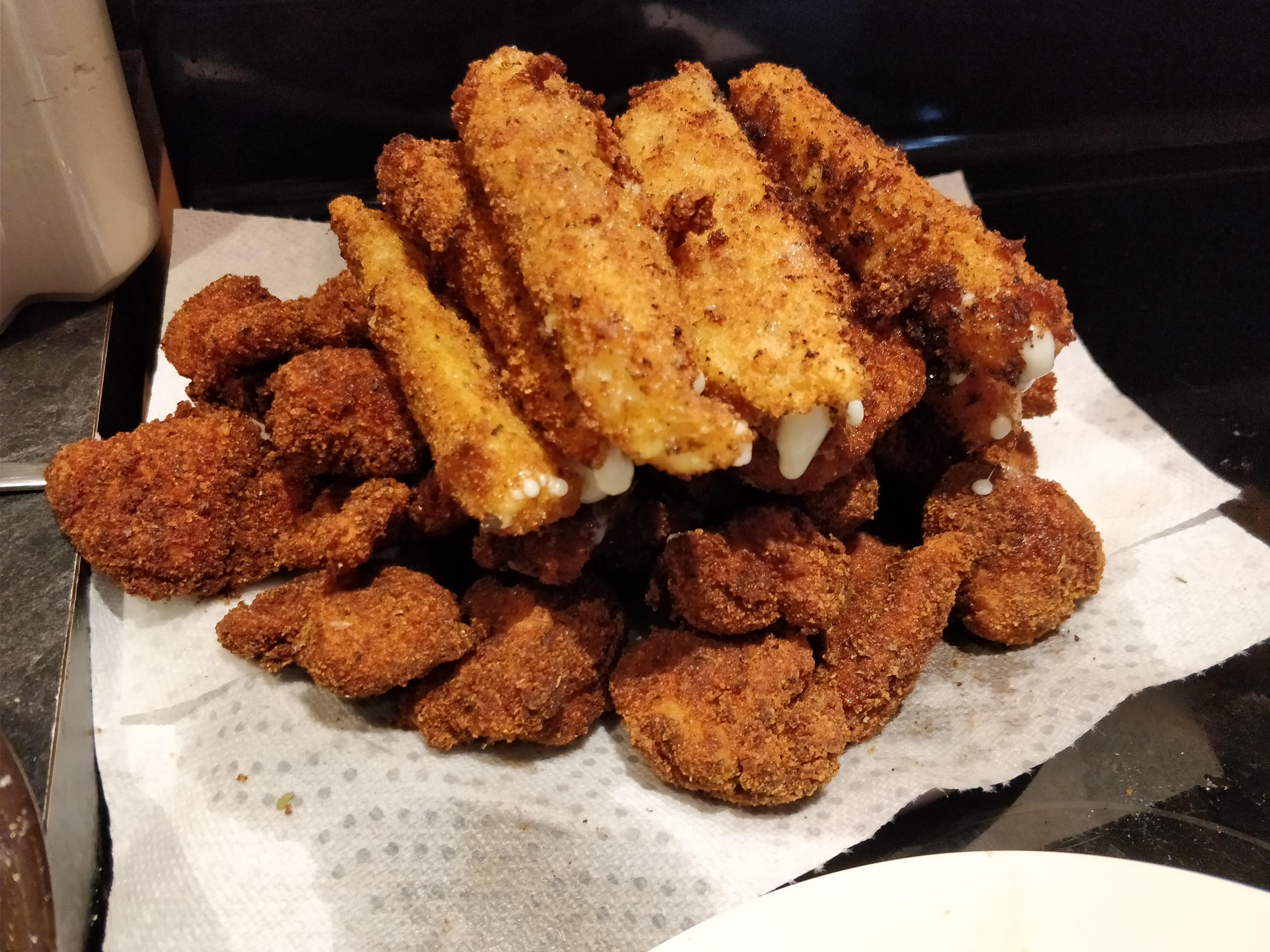 [Homemade] boneless chicken wings and deepfried mozzarella sticks r/food