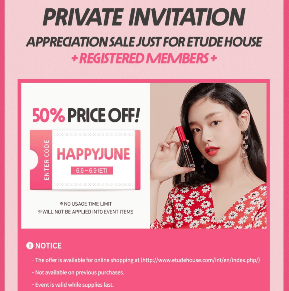 Etude House 50 off regular priced items, free US shipping at 80
