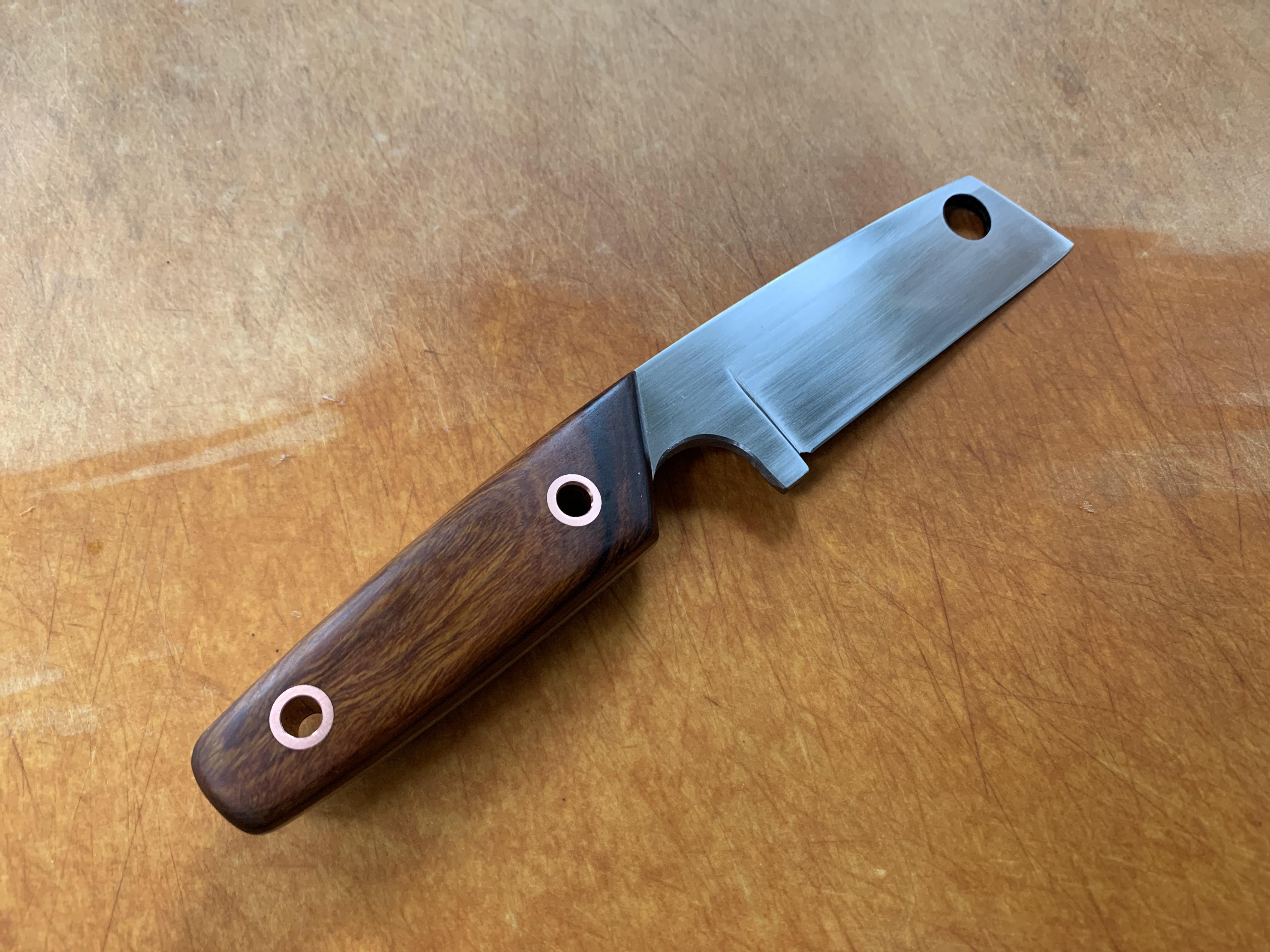 First knife made at home. 1080 steel, ironwood handle, hollow copper